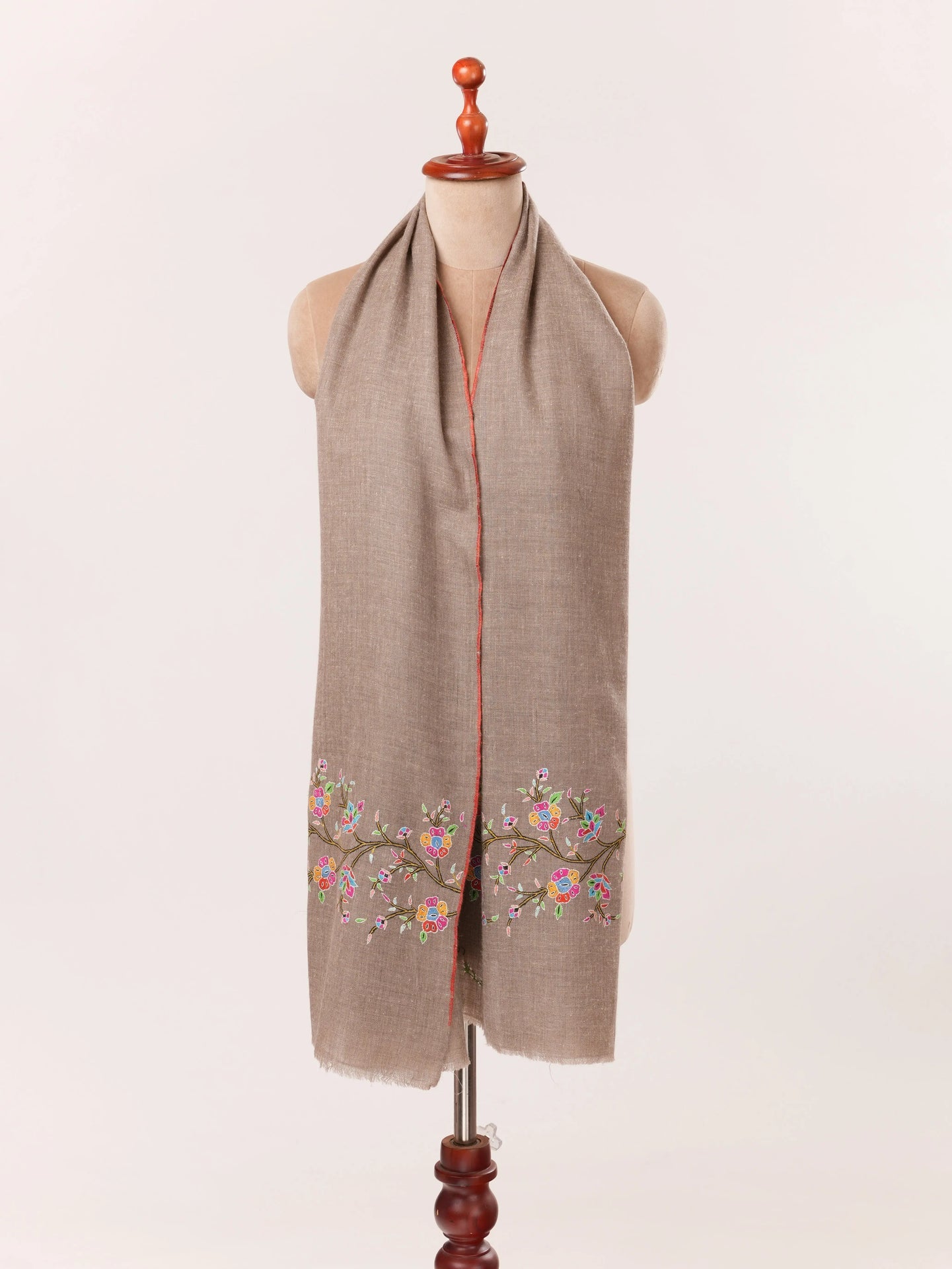 Floral Palldar Natural Dark Taupe Handwoven Cashmere Scarf with Sozni Embroidery Shahkaar.com