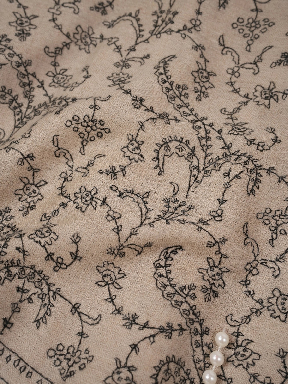 Natural Taupe Oversized Handwoven Pure Pashmina Shawl with Jali Embroidery