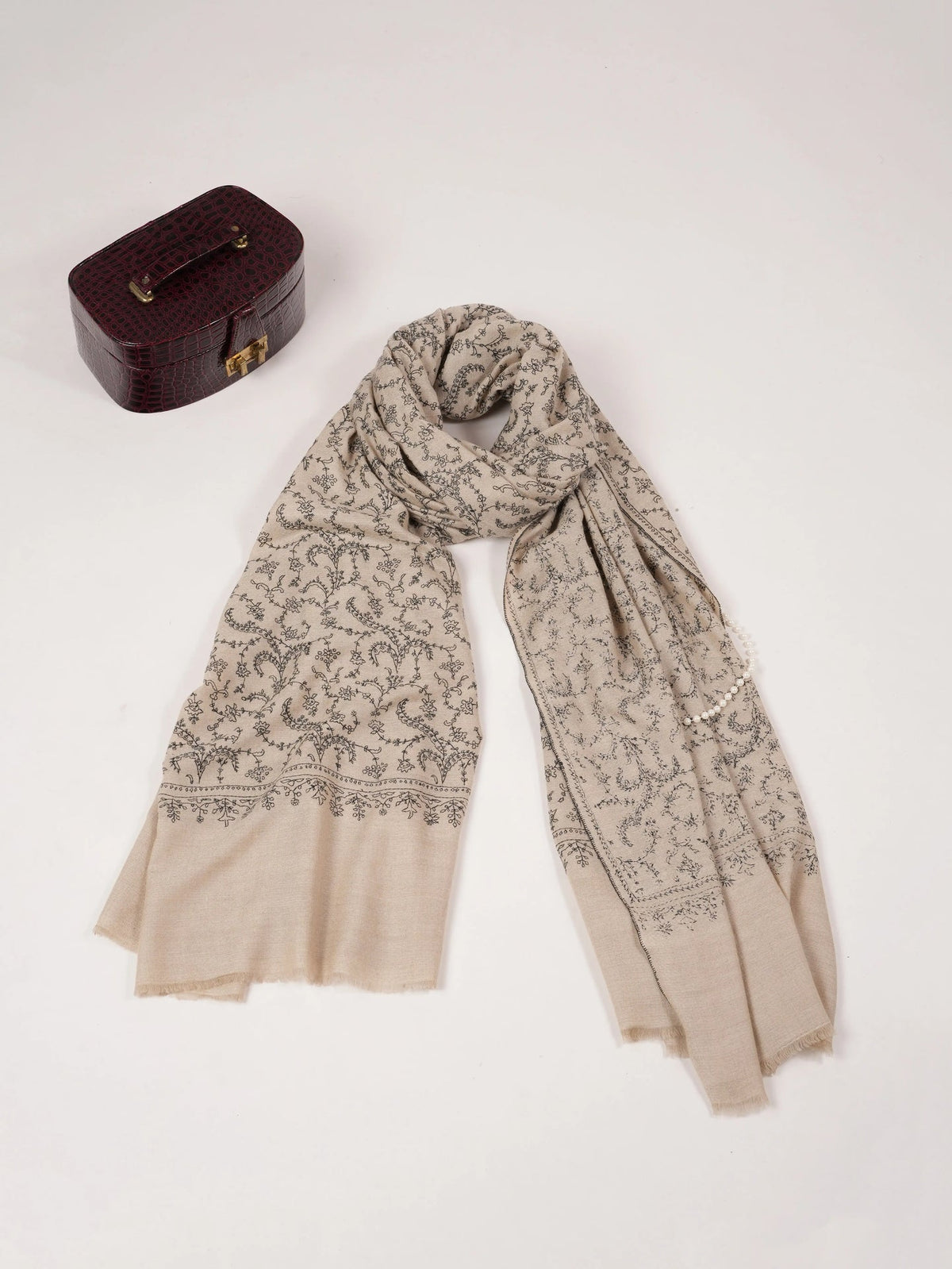 Natural Taupe Oversized Handwoven Pure Pashmina Shawl with Jali Embroidery