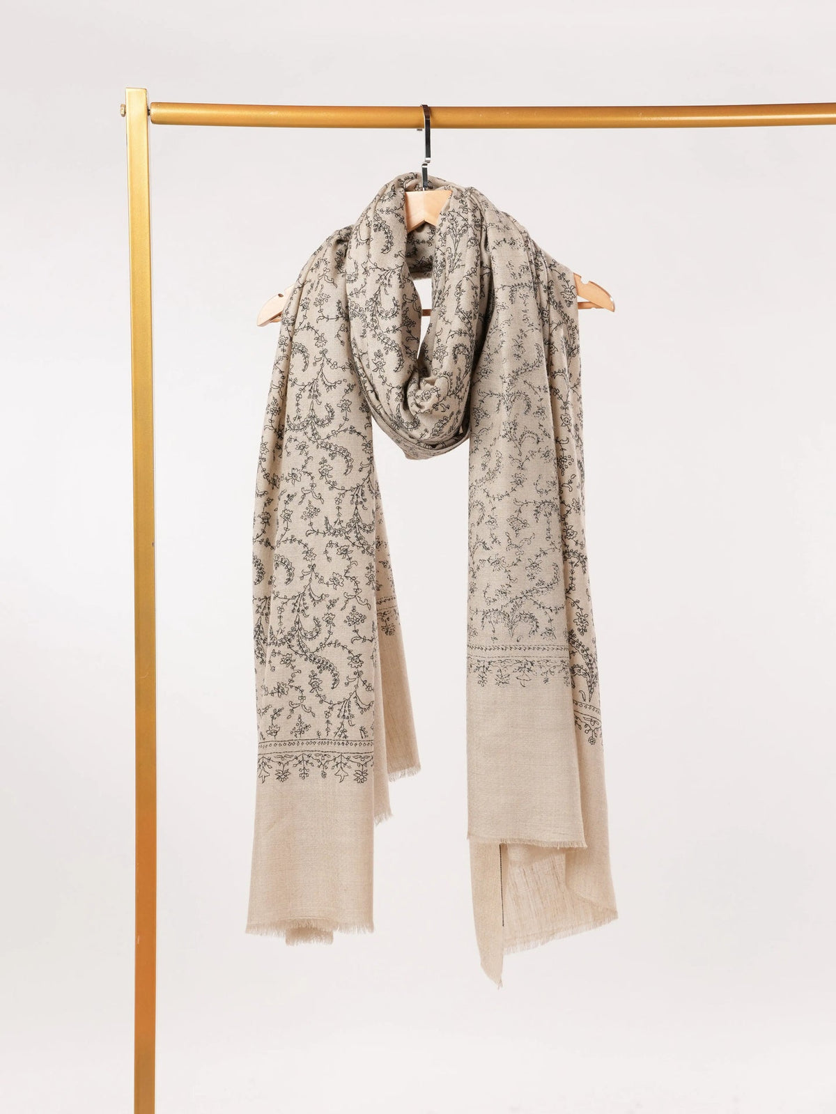 Natural Taupe Oversized Handwoven Pure Pashmina Shawl with Jali Embroidery