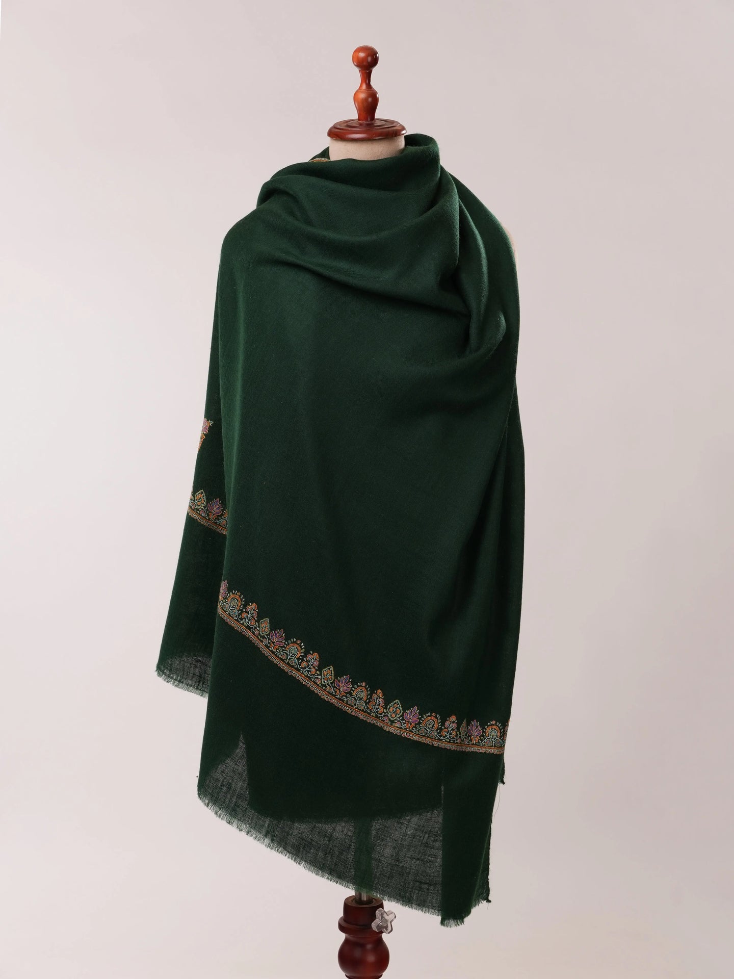 Bottle Green Handwoven Pashmina Shawl with Hashia Hand Embroidery Shahkaar.com