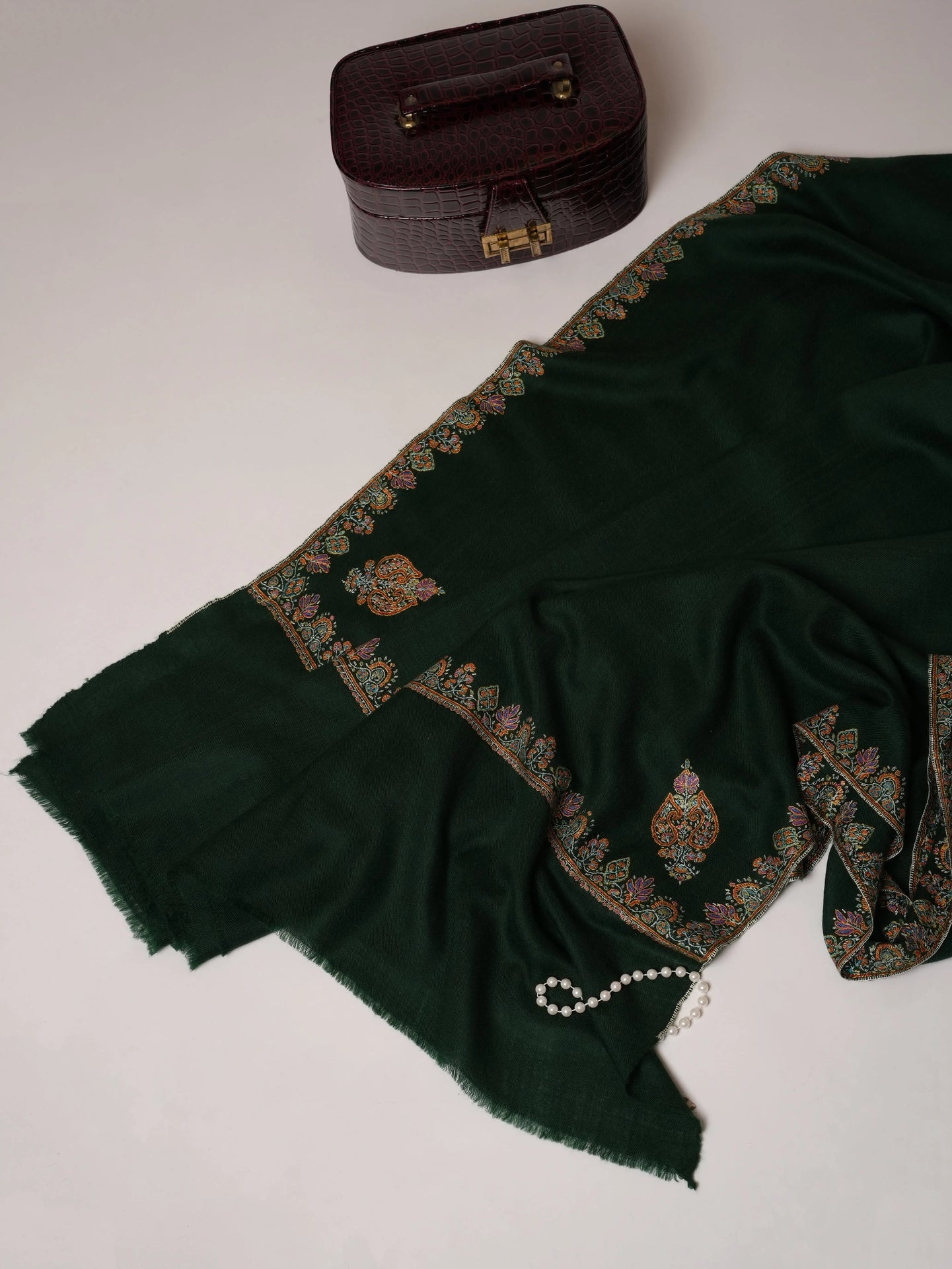 Bottle Green Handwoven Pashmina Shawl with Hashia Hand Embroidery Shahkaar.com