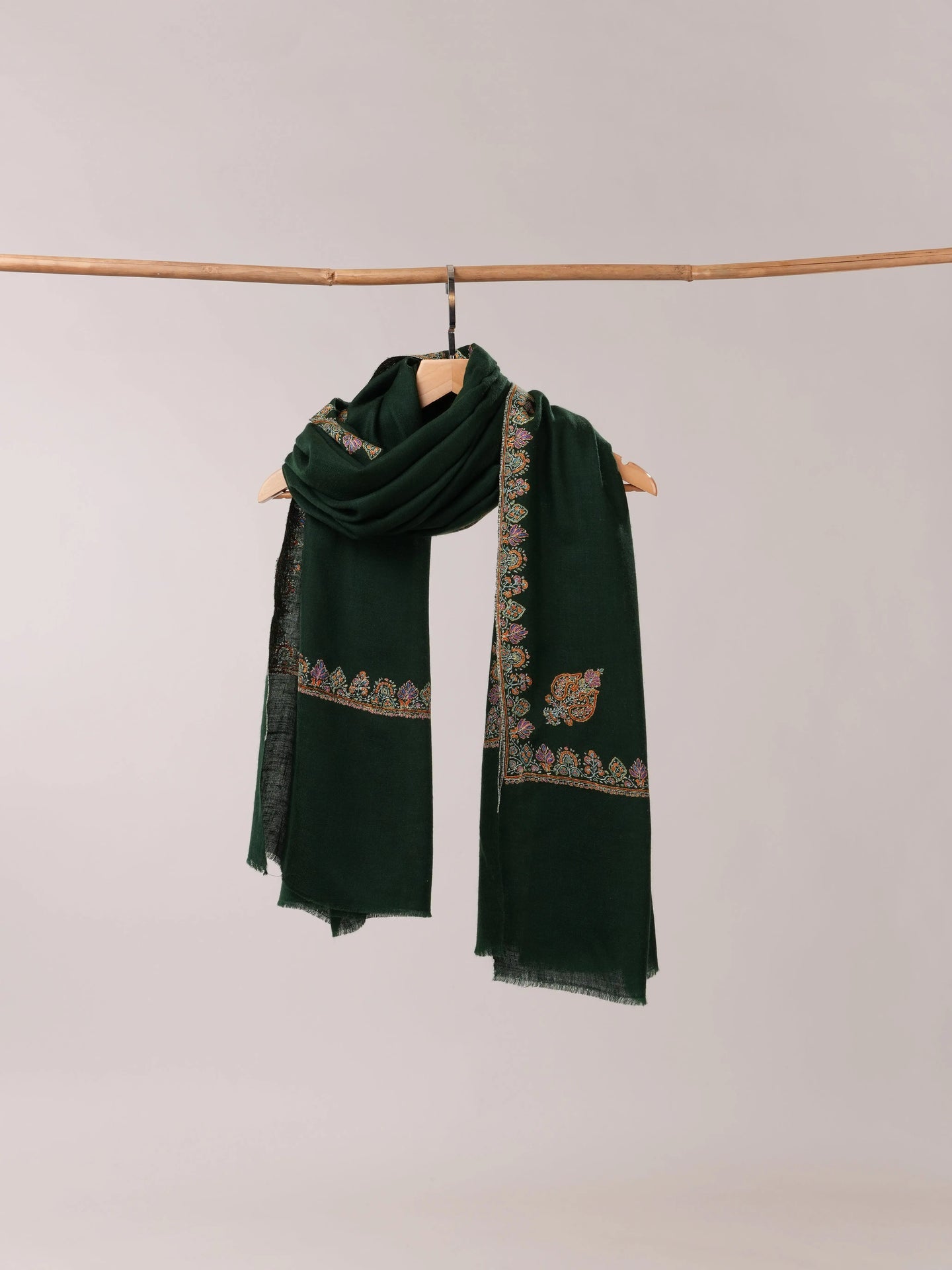 Bottle Green Handwoven Pashmina Shawl with Hashia Hand Embroidery Shahkaar.com