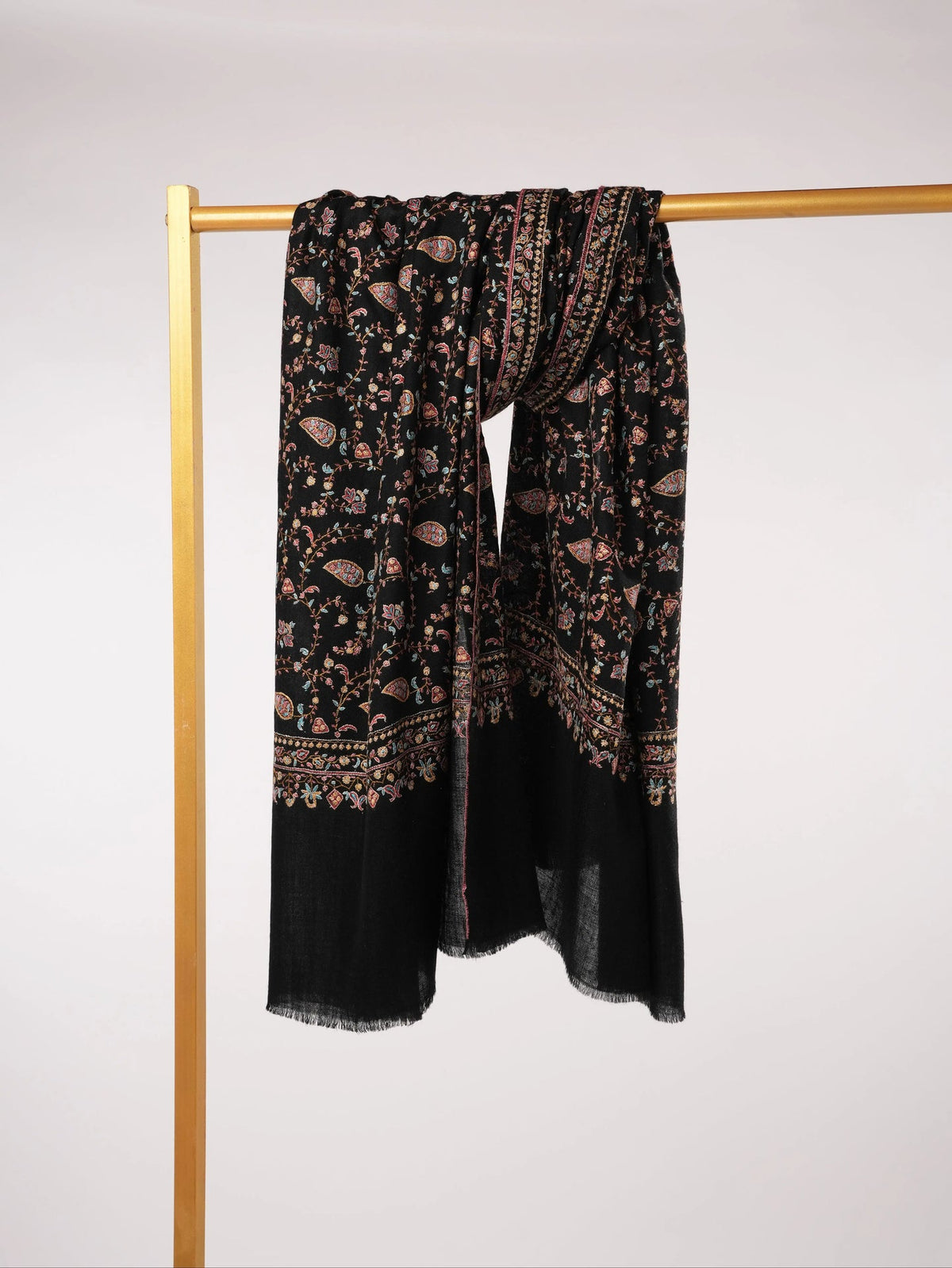 Kashmiri Handwoven Black Pashmina Shawl with Jali Hand Sozni Embroidery Shahkaar.com