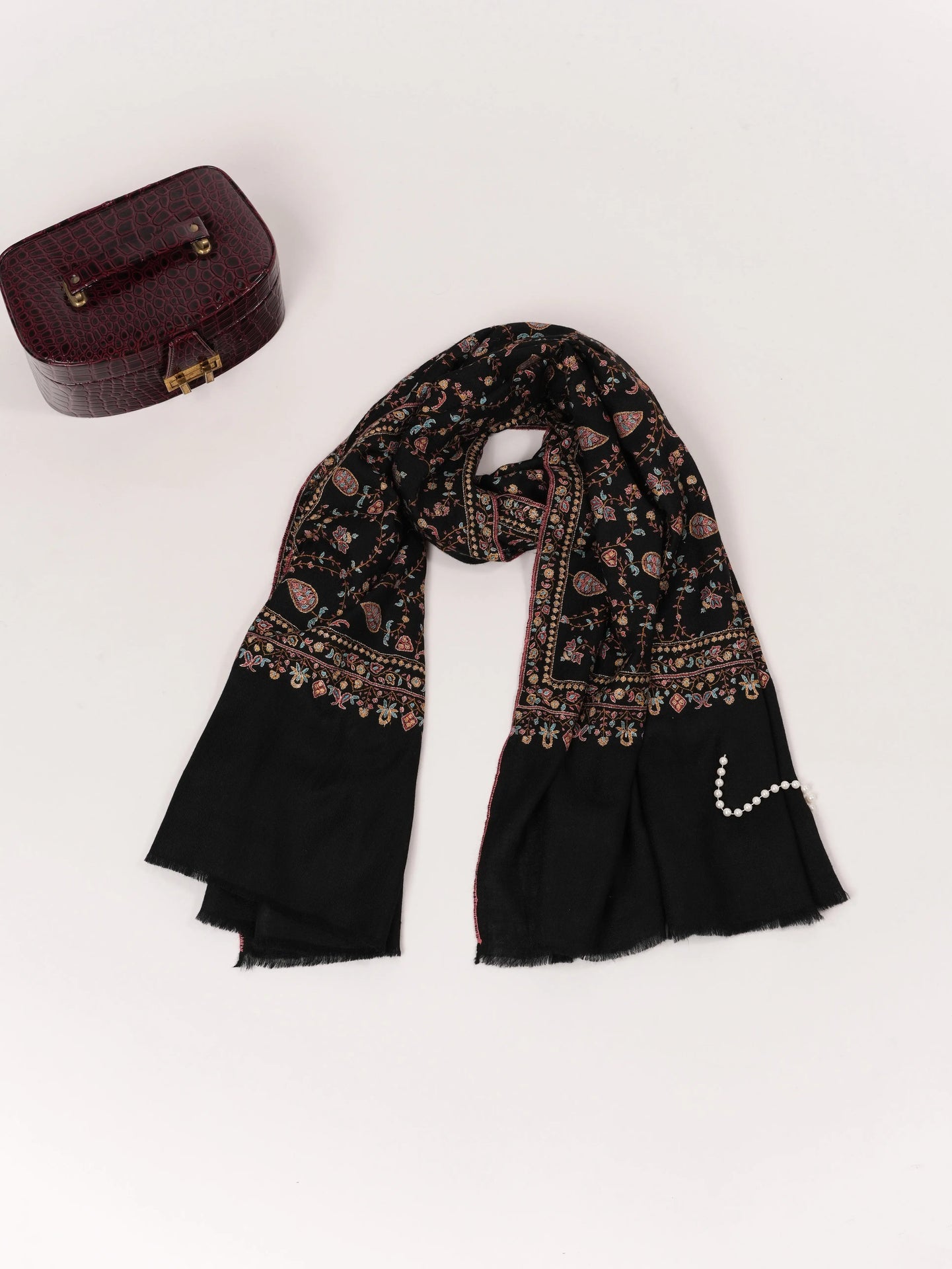 Kashmiri Handwoven Black Pashmina Shawl with Jali Hand Sozni Embroidery Shahkaar.com