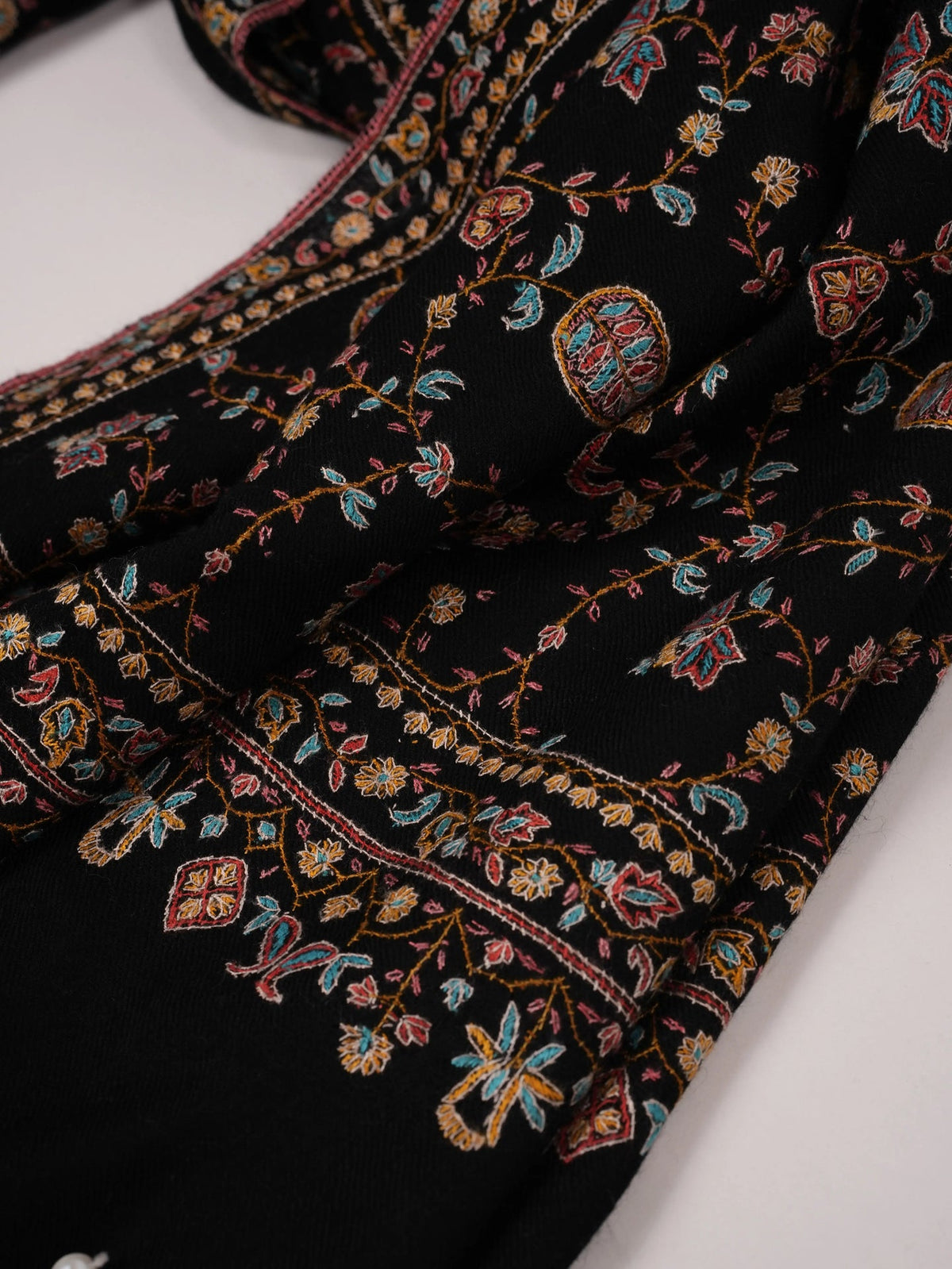 Kashmiri Handwoven Black Pashmina Shawl with Jali Hand Sozni Embroidery Shahkaar.com