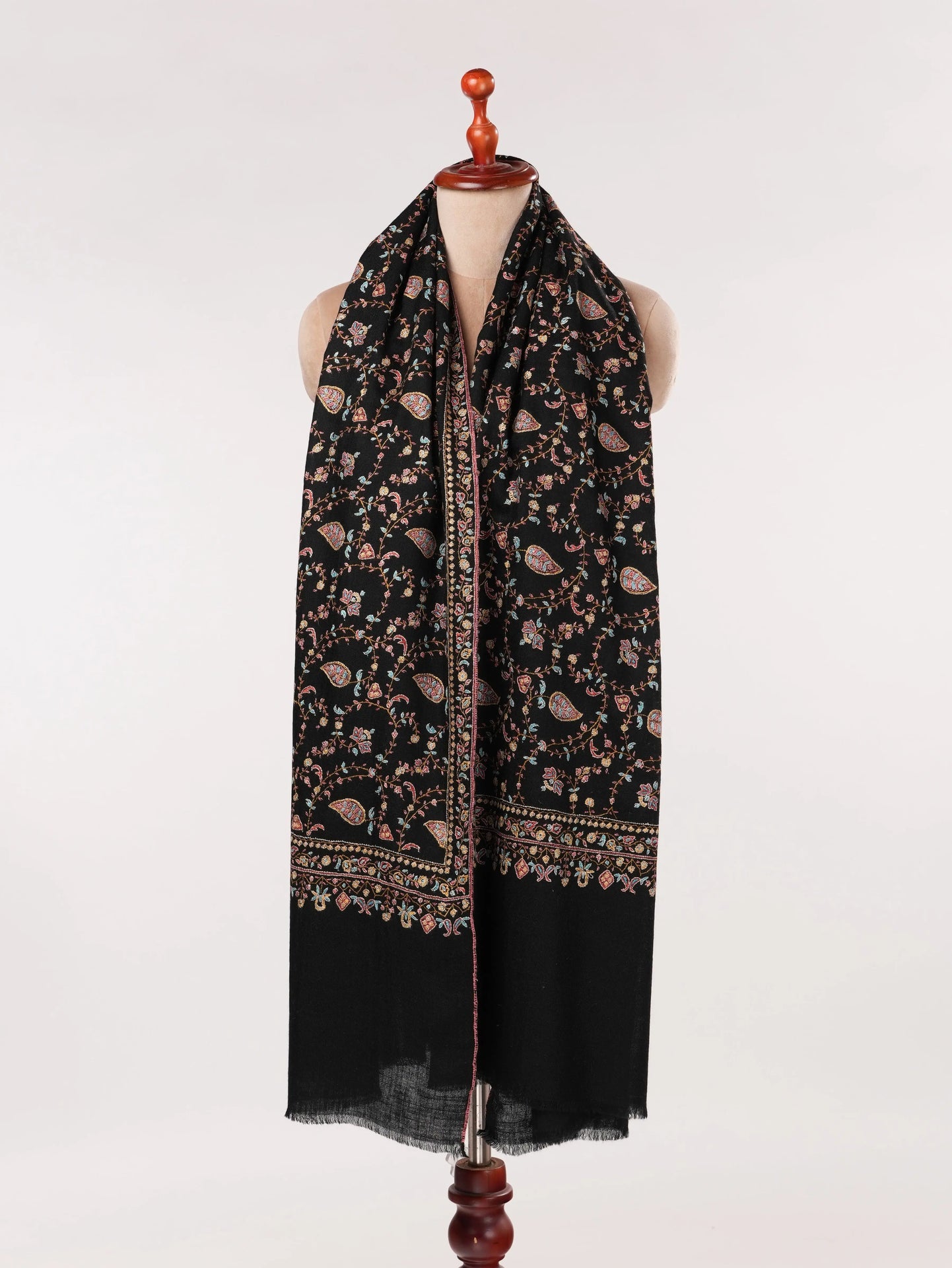 Kashmiri Handwoven Black Pashmina Shawl with Jali Hand Sozni Embroidery Shahkaar.com