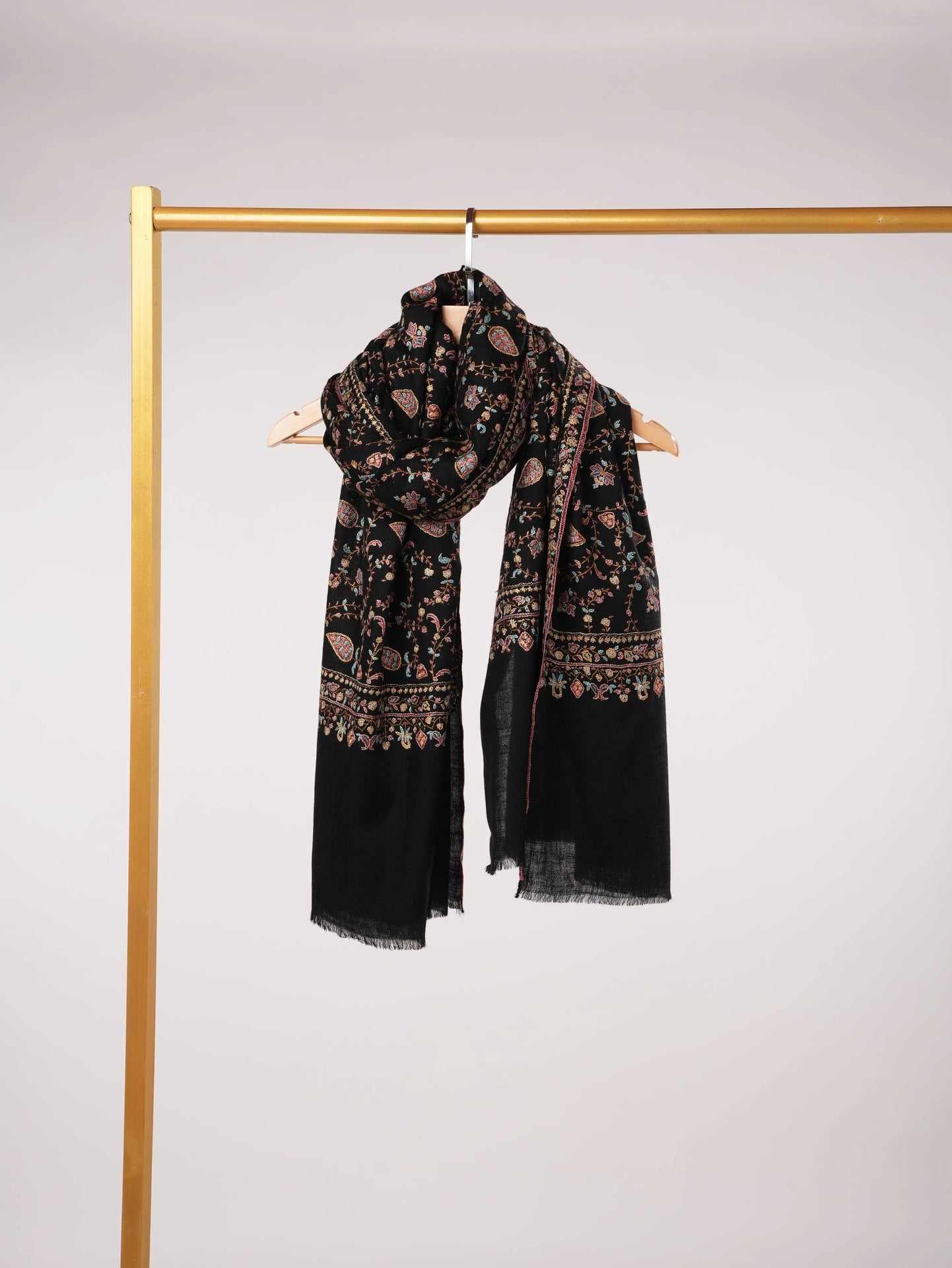 Kashmiri Handwoven Black Pashmina Shawl with Jali Hand Sozni Embroidery Shahkaar.com