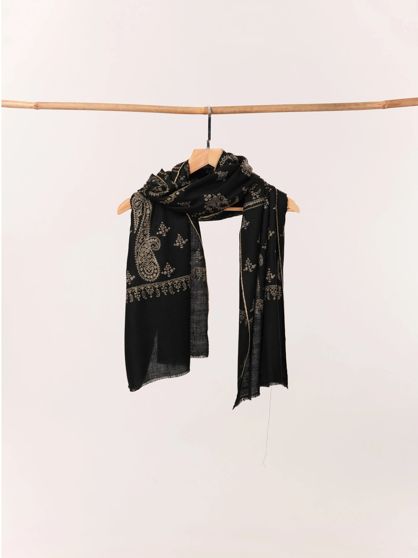 Handwoven Black Cashmere Scarf with Jali Sozni from Kashmir Shahkaar.com