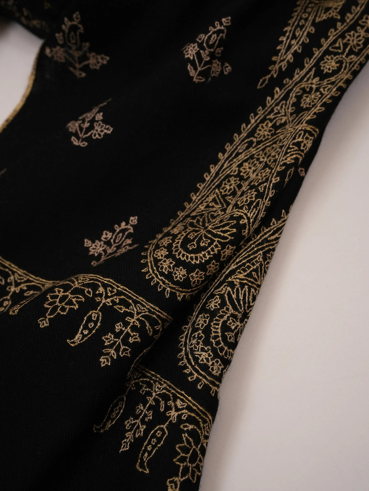 Handwoven Black Cashmere Scarf with Jali Sozni from Kashmir Shahkaar.com