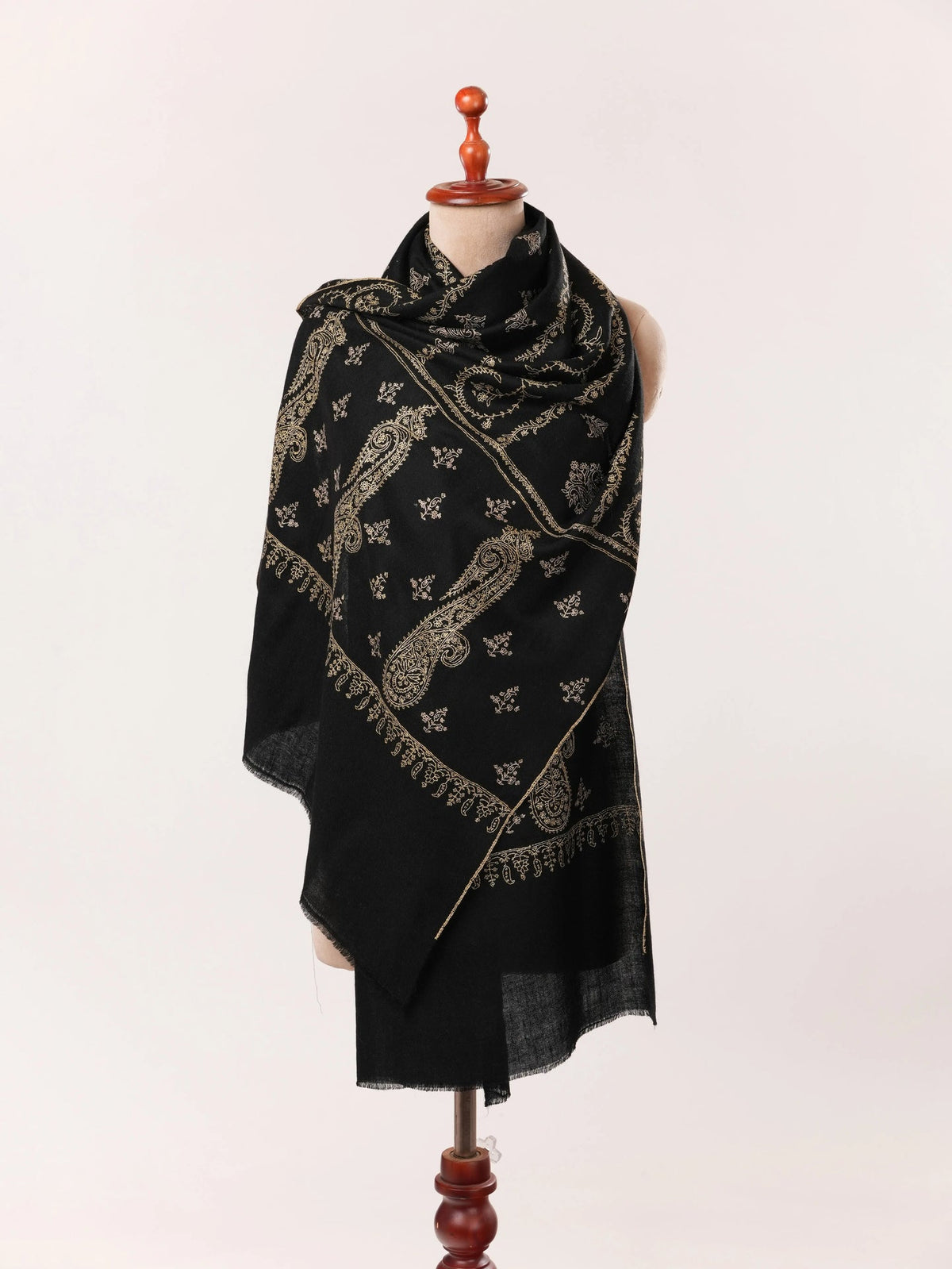 Handwoven Black Cashmere Scarf with Jali Sozni from Kashmir Shahkaar.com