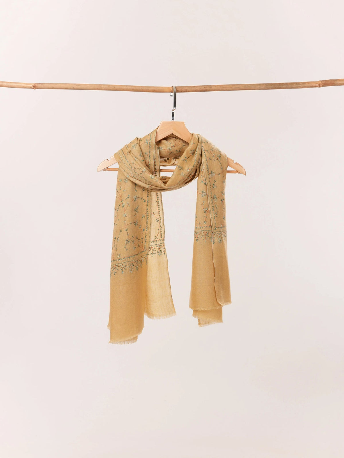 Kashmiri Tan Cashmere Scarf with Hand Sozni Jali Embroidery Shahkaar.com