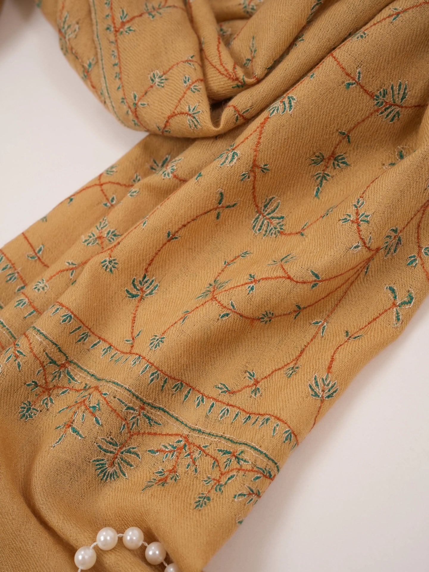 Kashmiri Tan Cashmere Scarf with Hand Sozni Jali Embroidery Shahkaar.com