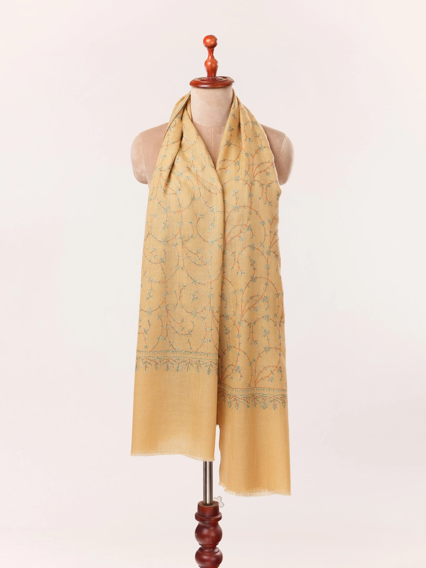 Kashmiri Tan Cashmere Scarf with Hand Sozni Jali Embroidery Shahkaar.com