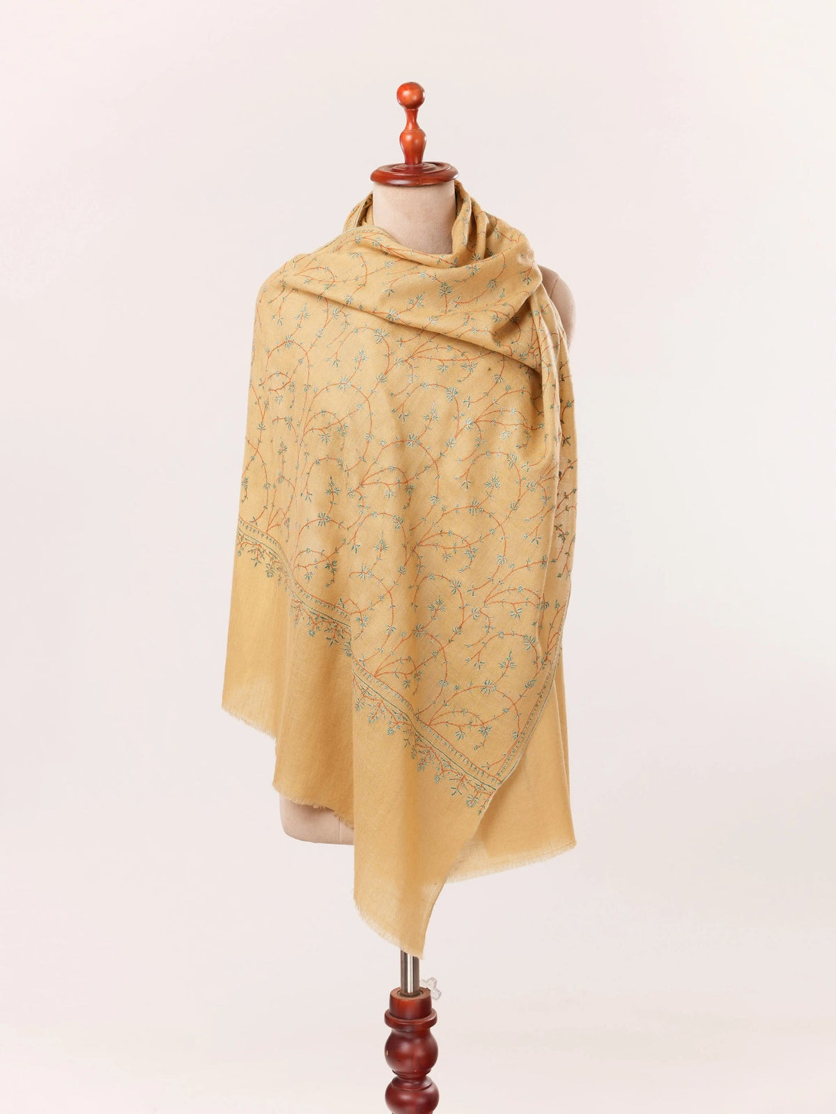 Kashmiri Tan Cashmere Scarf with Hand Sozni Jali Embroidery Shahkaar.com