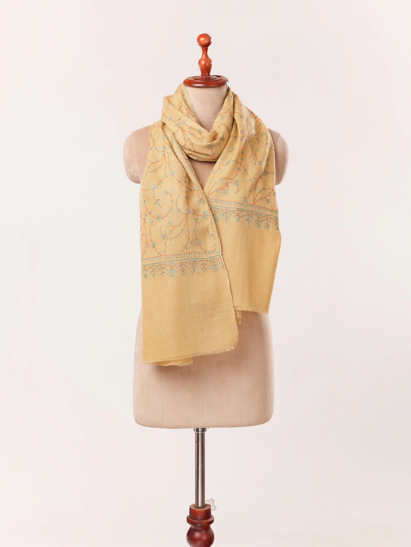 Kashmiri Tan Cashmere Scarf with Hand Sozni Jali Embroidery Shahkaar.com