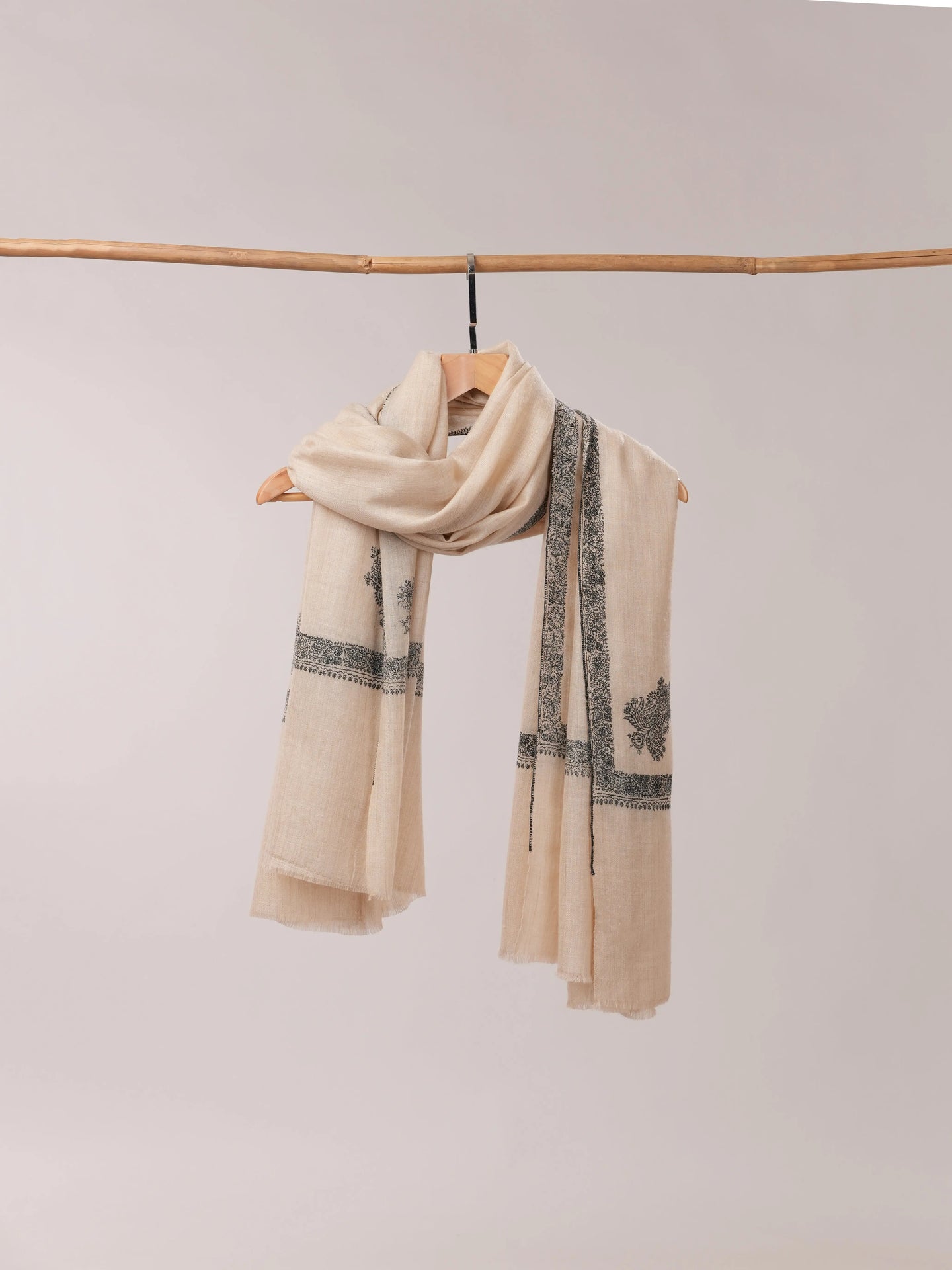 Off White Pashmina Shawl with Black Hashia Hand Embroidery Shahkaar.com