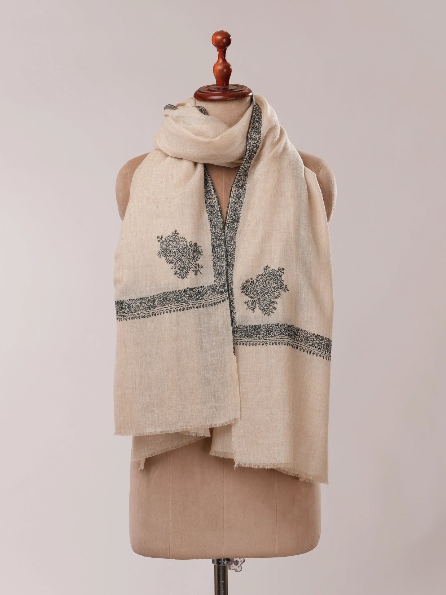 Off White Pashmina Shawl with Black Hashia Hand Embroidery Shahkaar.com