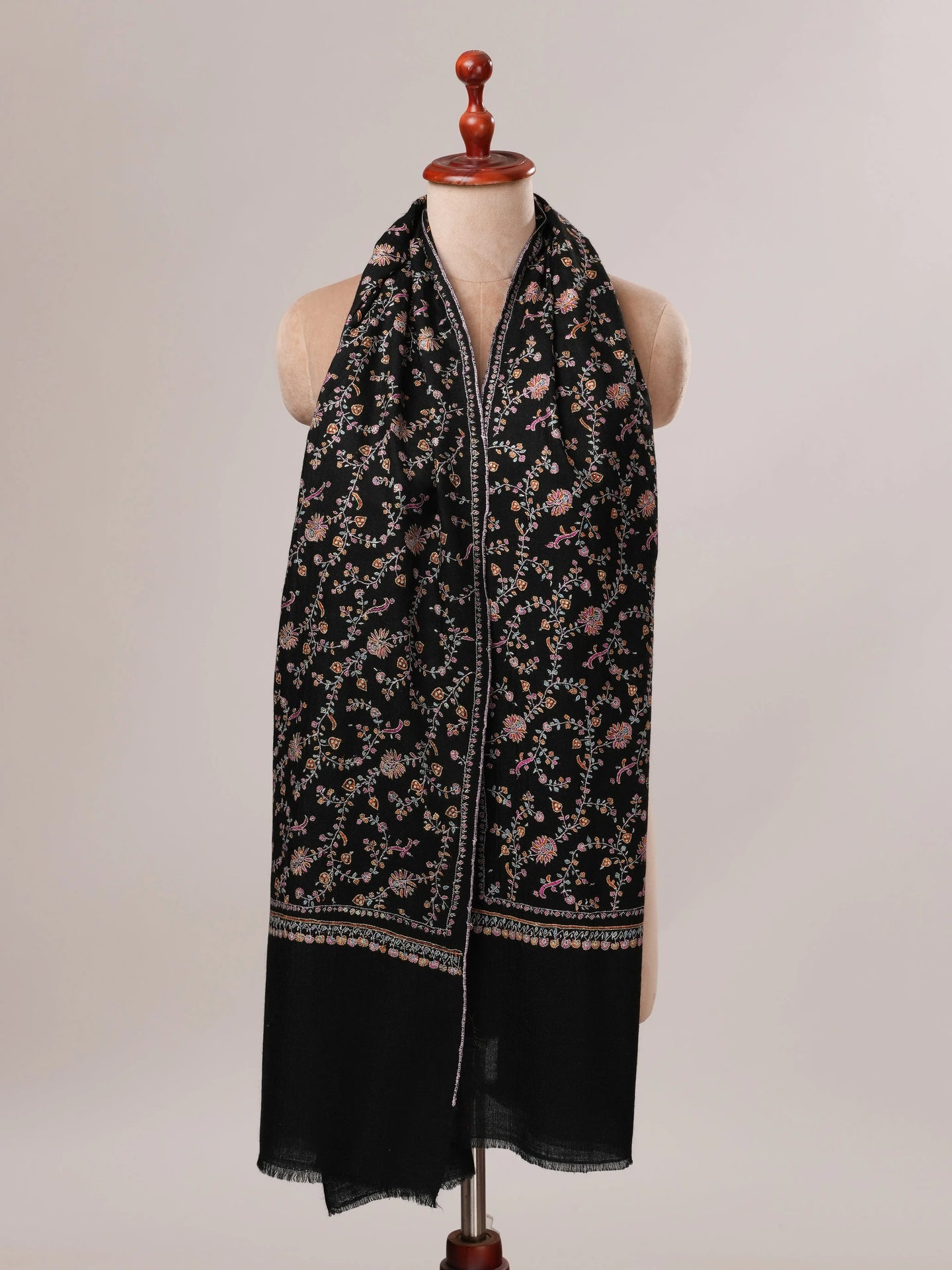 Black Soft Cashmere Scarf with All Over Jali Hand Embroidery Shahkaar.com
