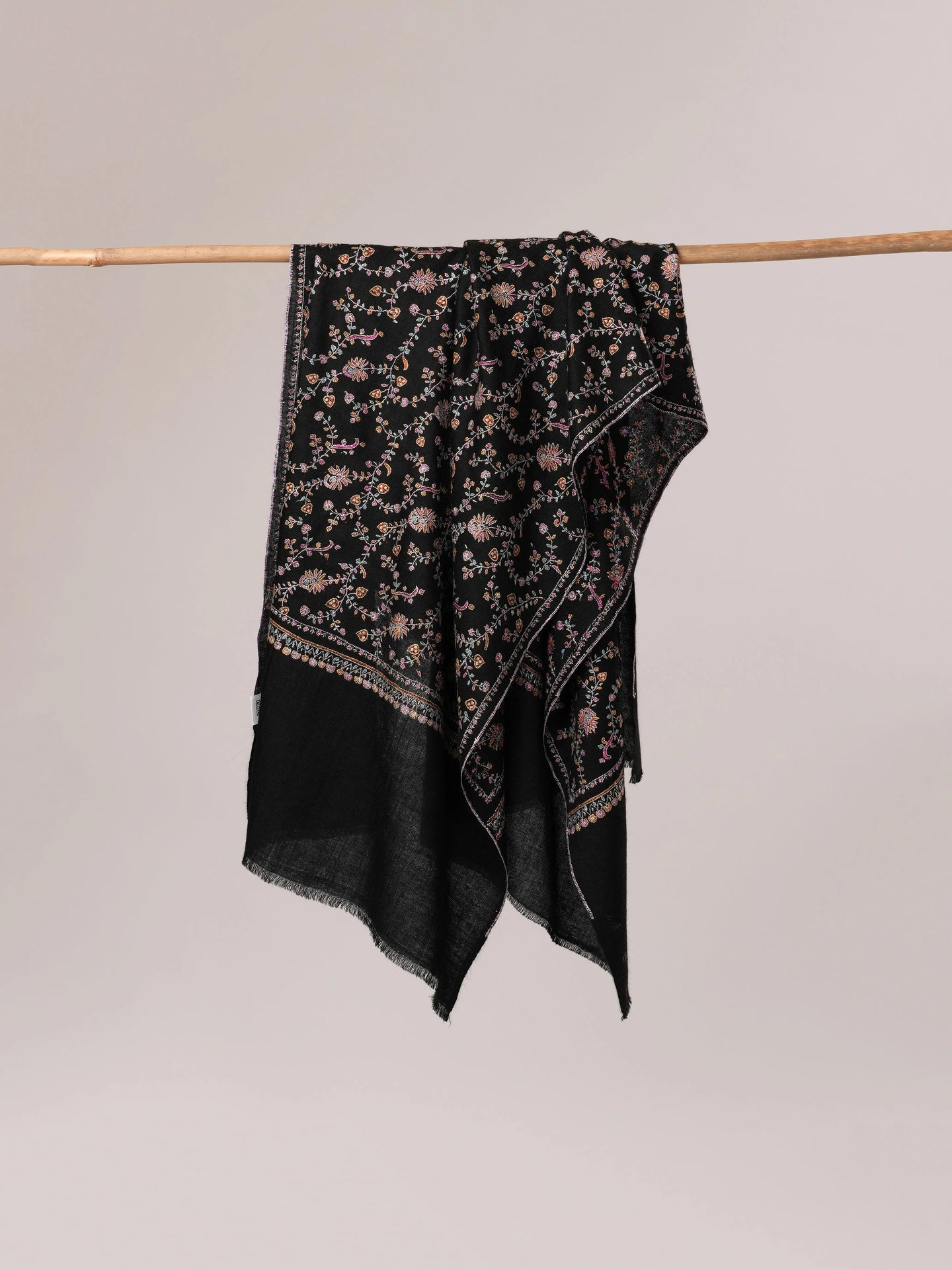 Black Soft Cashmere Scarf with All Over Jali Hand Embroidery Shahkaar.com