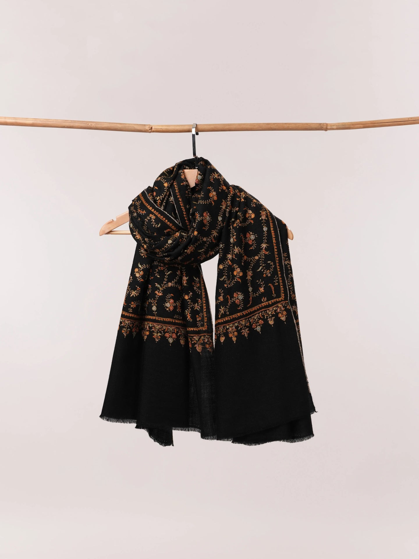 Black Handwoven Pashmina Shawl with Hand Embroidery Shahkaar.com