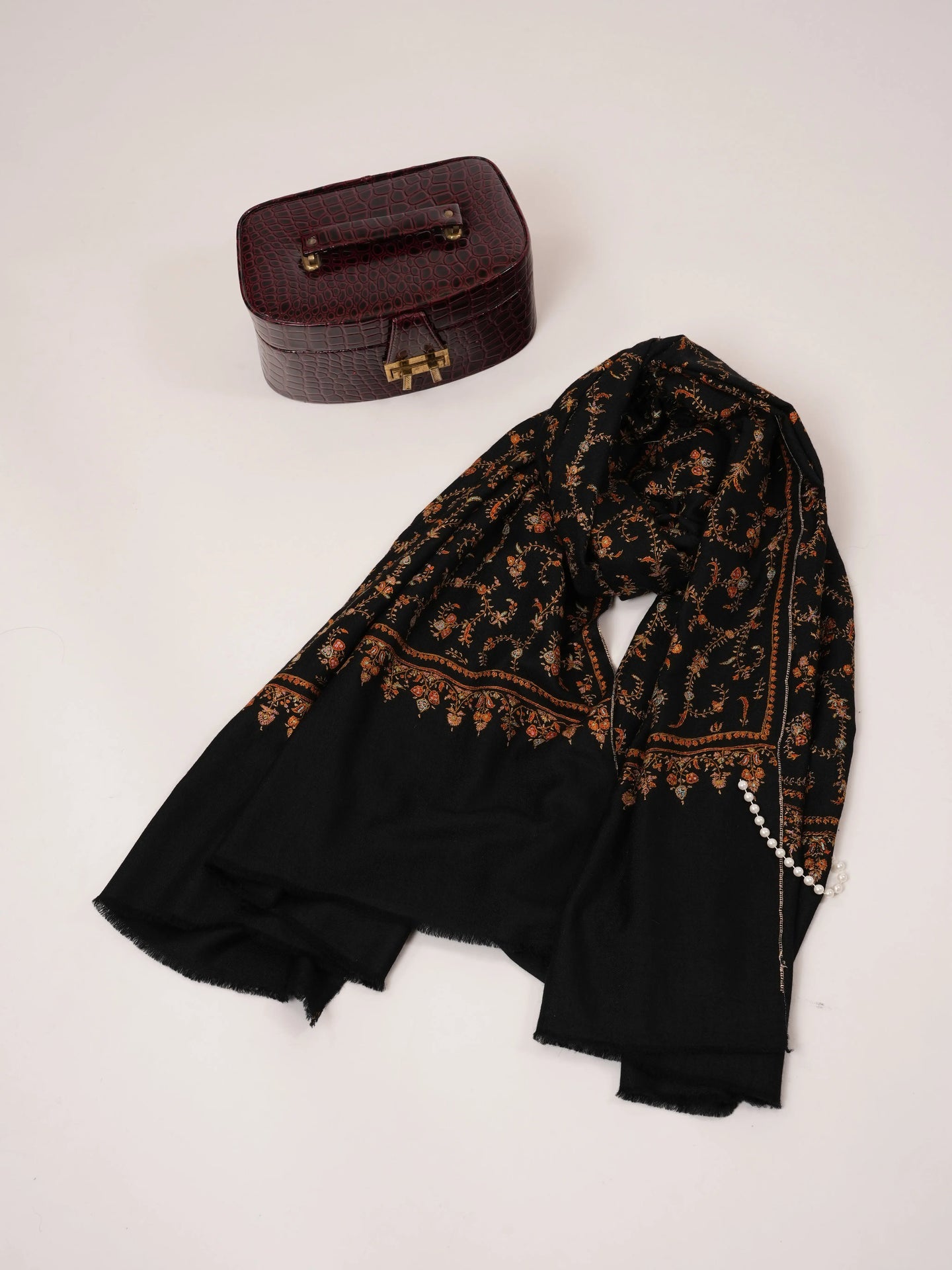 Black Handwoven Pashmina Shawl with Hand Embroidery Shahkaar.com