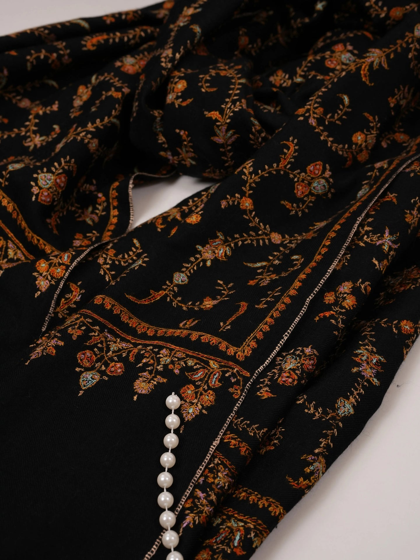 Black Handwoven Pashmina Shawl with Hand Embroidery Shahkaar.com