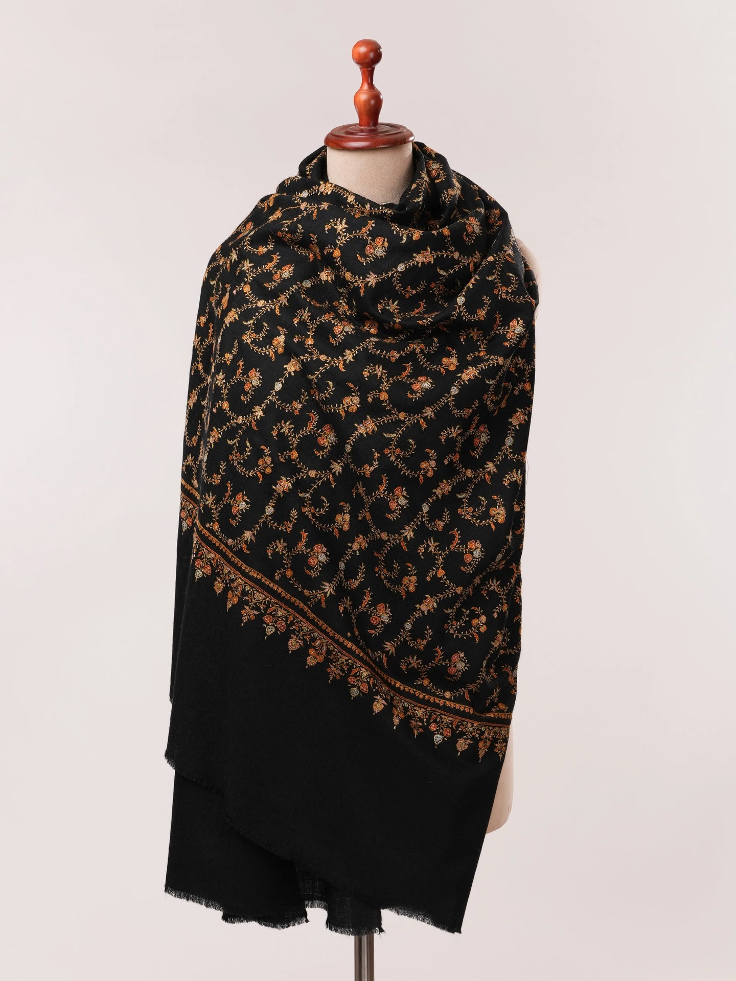 Black Handwoven Pashmina Shawl with Hand Embroidery Shahkaar.com