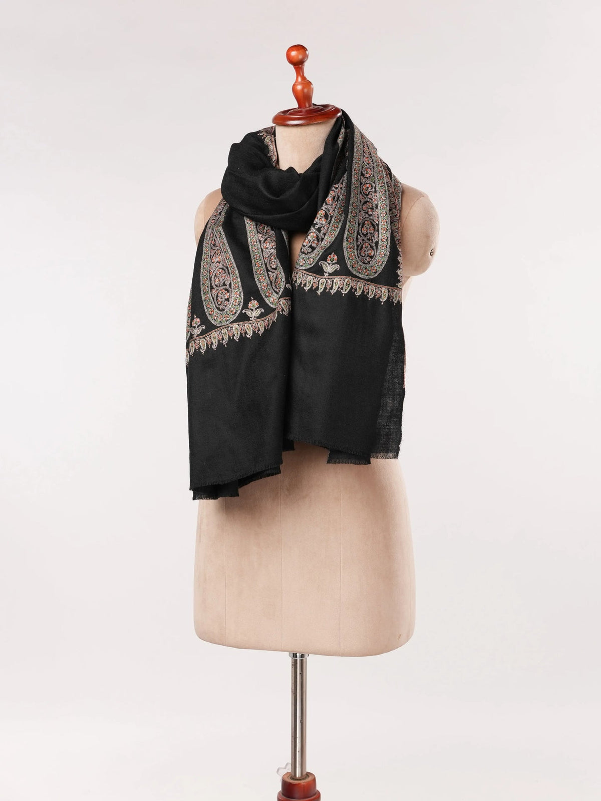 Paisley Palldar Handwoven Black Pashmina Shawl with Hand Sozni Embroidery Shahkaar.com