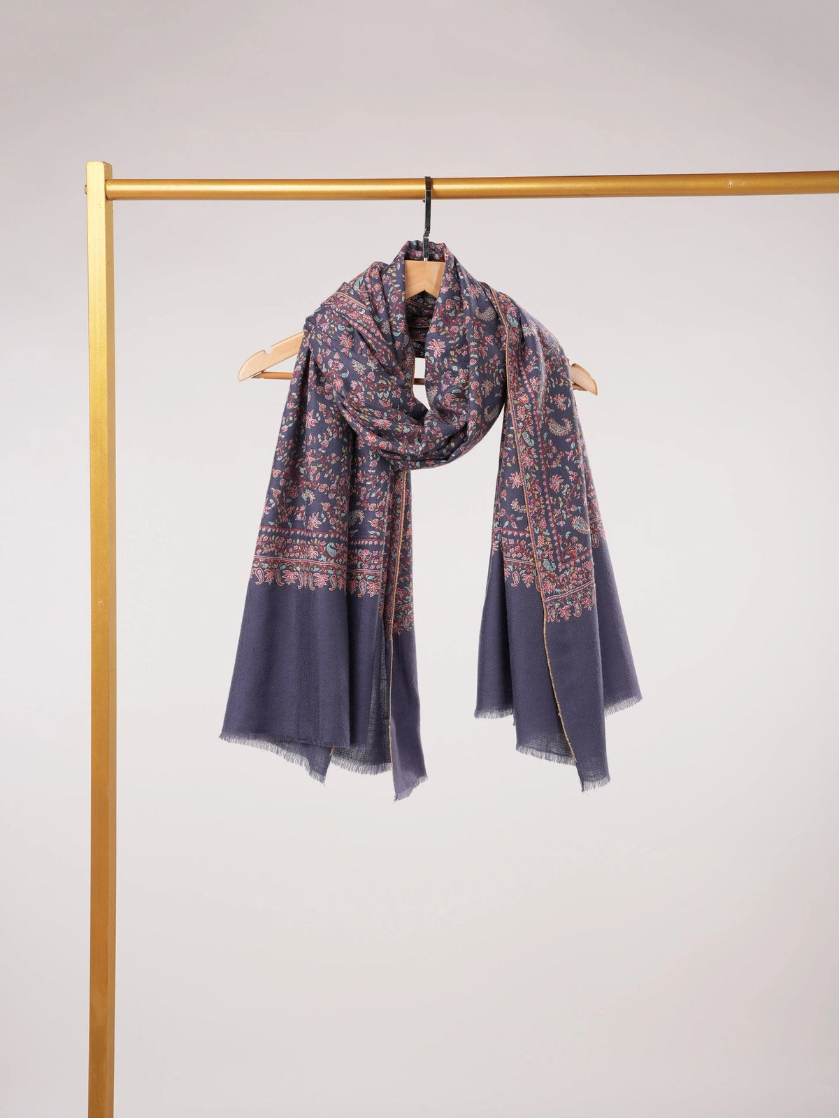 Handwoven Dark Slate Blue Pashmina Shawl with Jali Sozni Hand Embroidery Shahkaar.com
