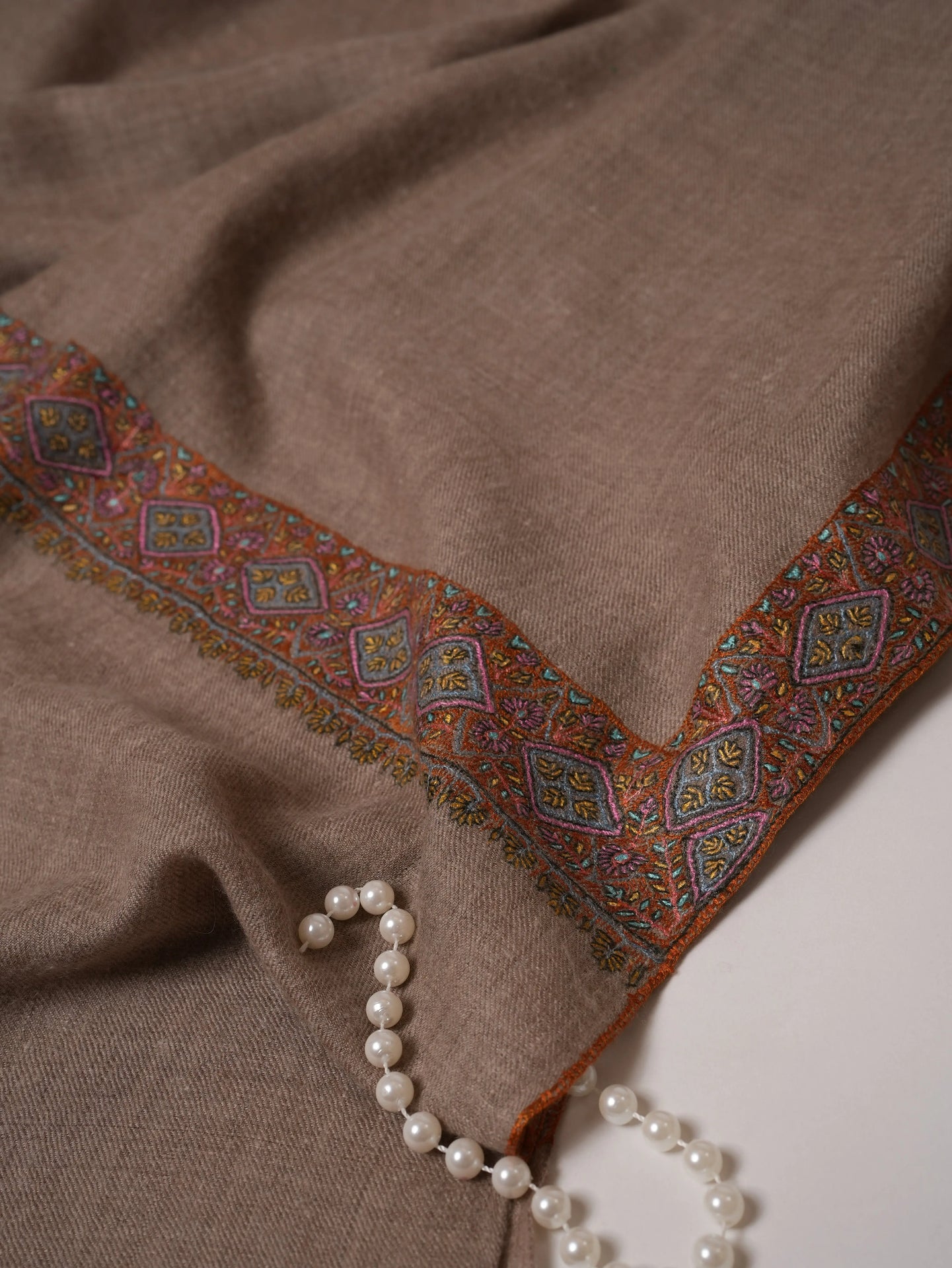 Natural Grey Pure Pashmina Shawl with Neemdaur Hand Embroidery Shahkaar.com