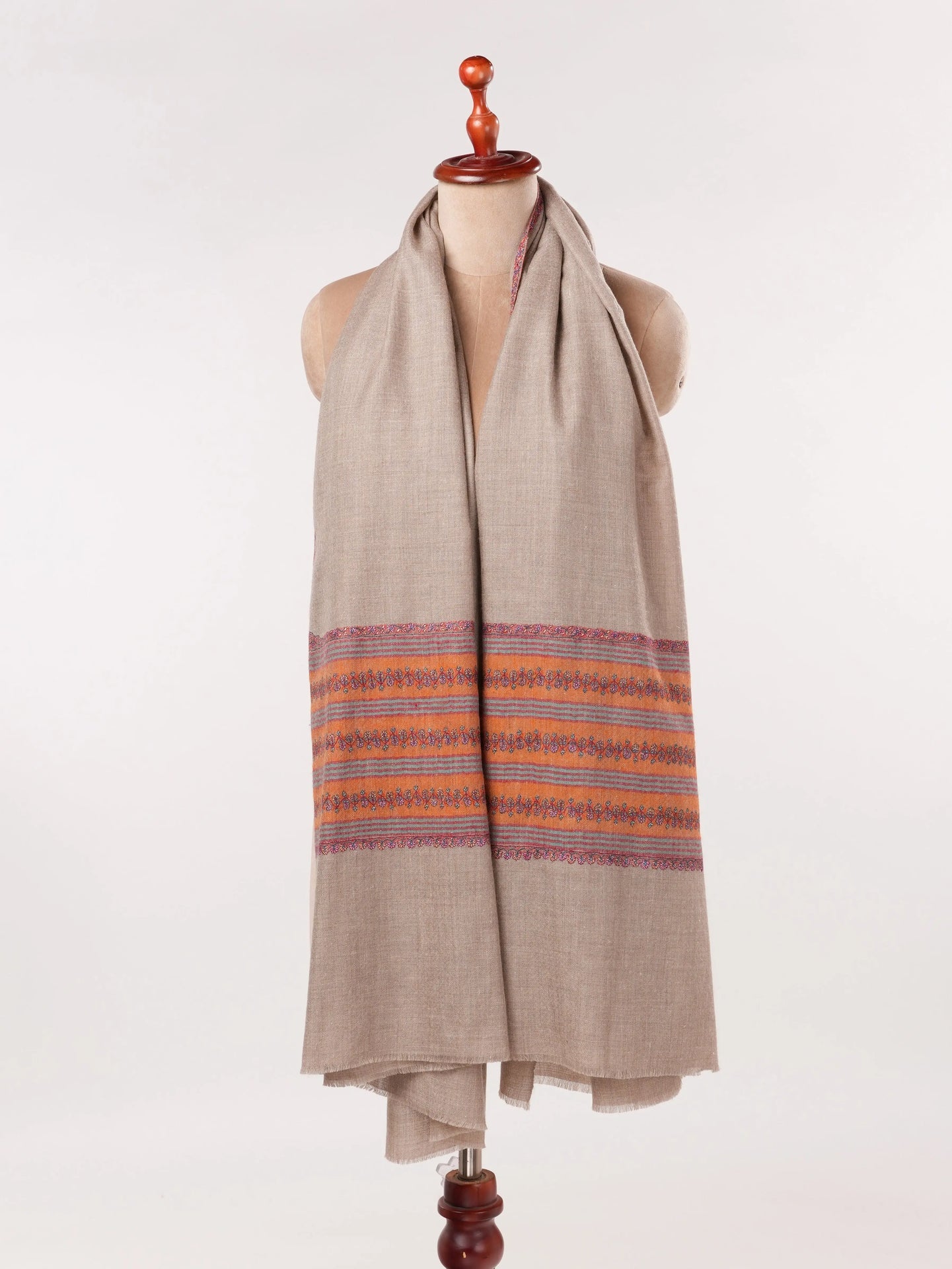 Handwoven Natural Taupe Palldar Pashmina Shawl with Sozni Hand Embroidery Shahkaar.com