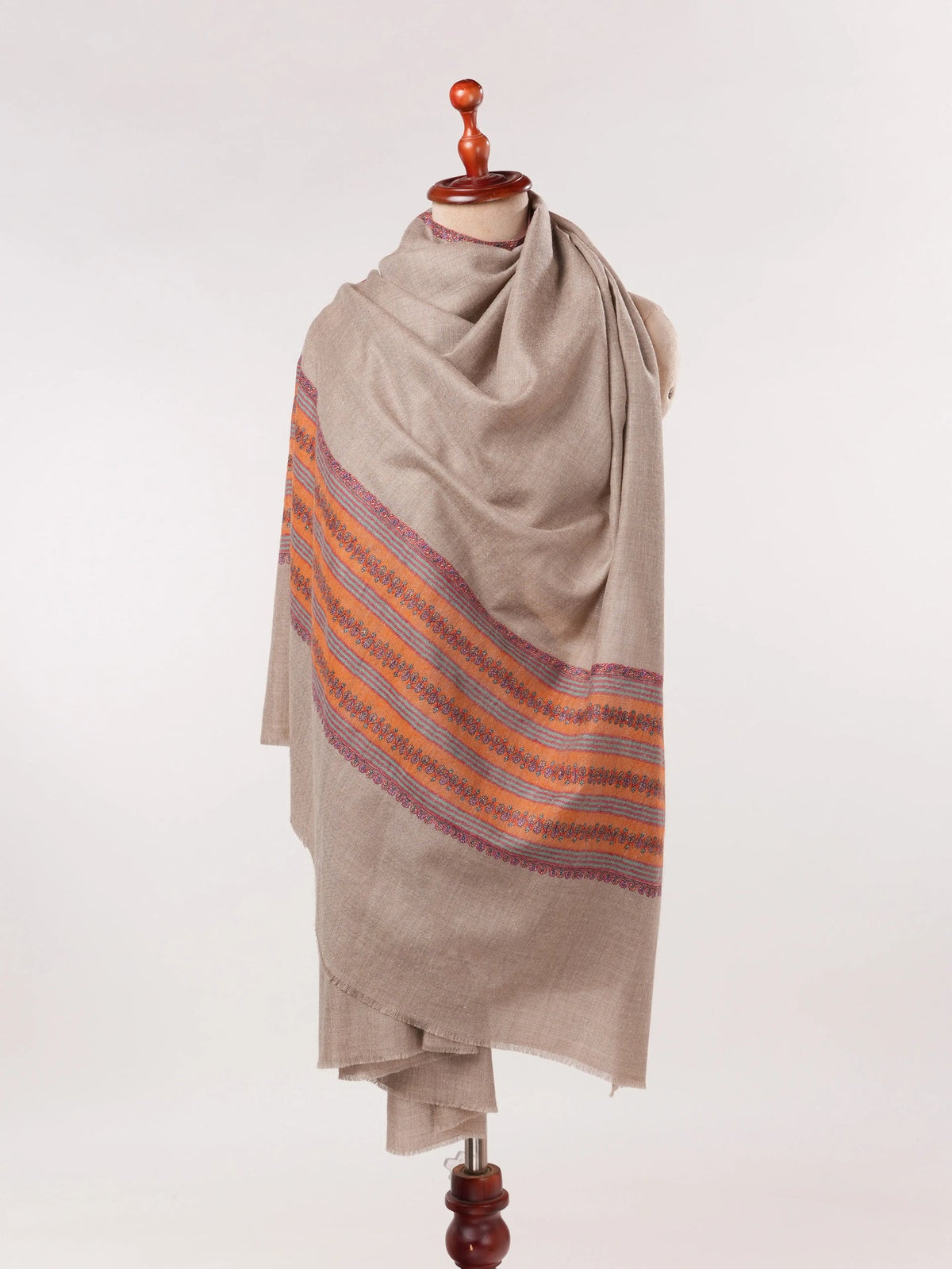 Handwoven Natural Taupe Palldar Pashmina Shawl with Sozni Hand Embroidery Shahkaar.com