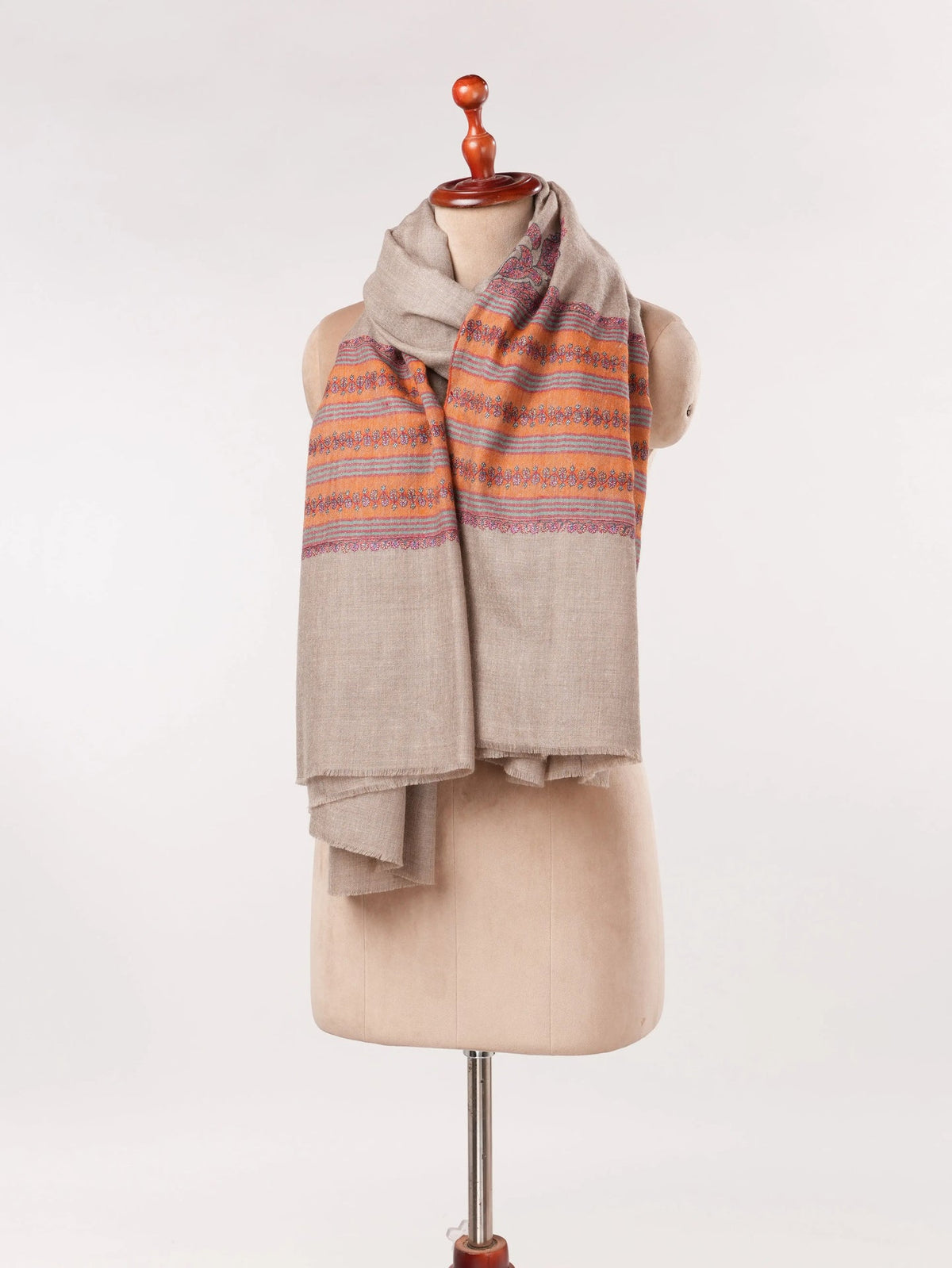 Handwoven Natural Taupe Palldar Pashmina Shawl with Sozni Hand Embroidery Shahkaar.com