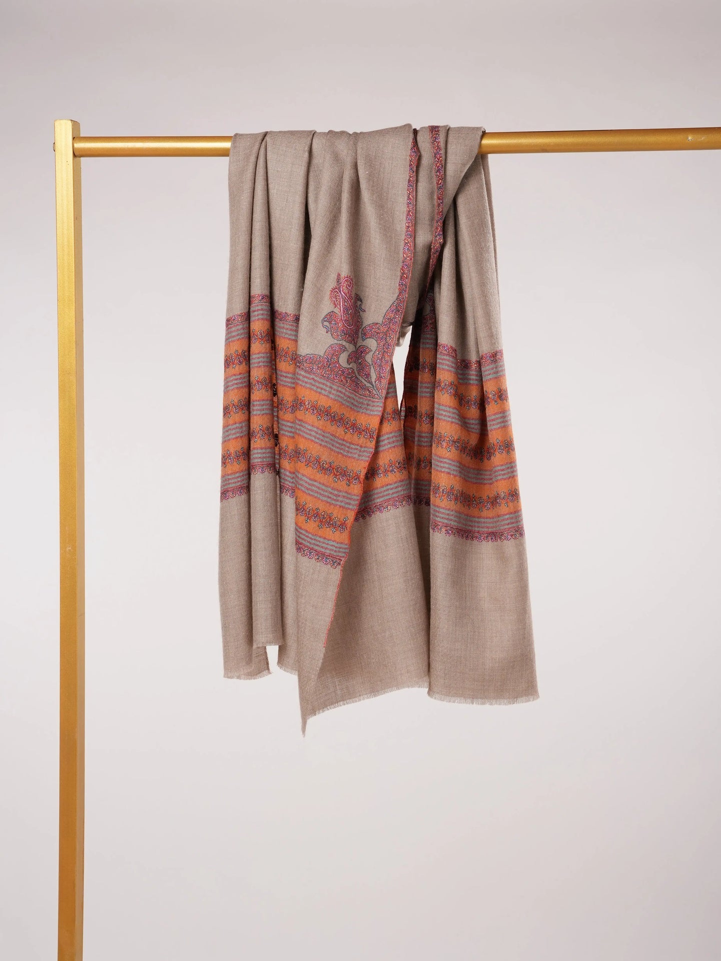 Handwoven Natural Taupe Palldar Pashmina Shawl with Sozni Hand Embroidery Shahkaar.com