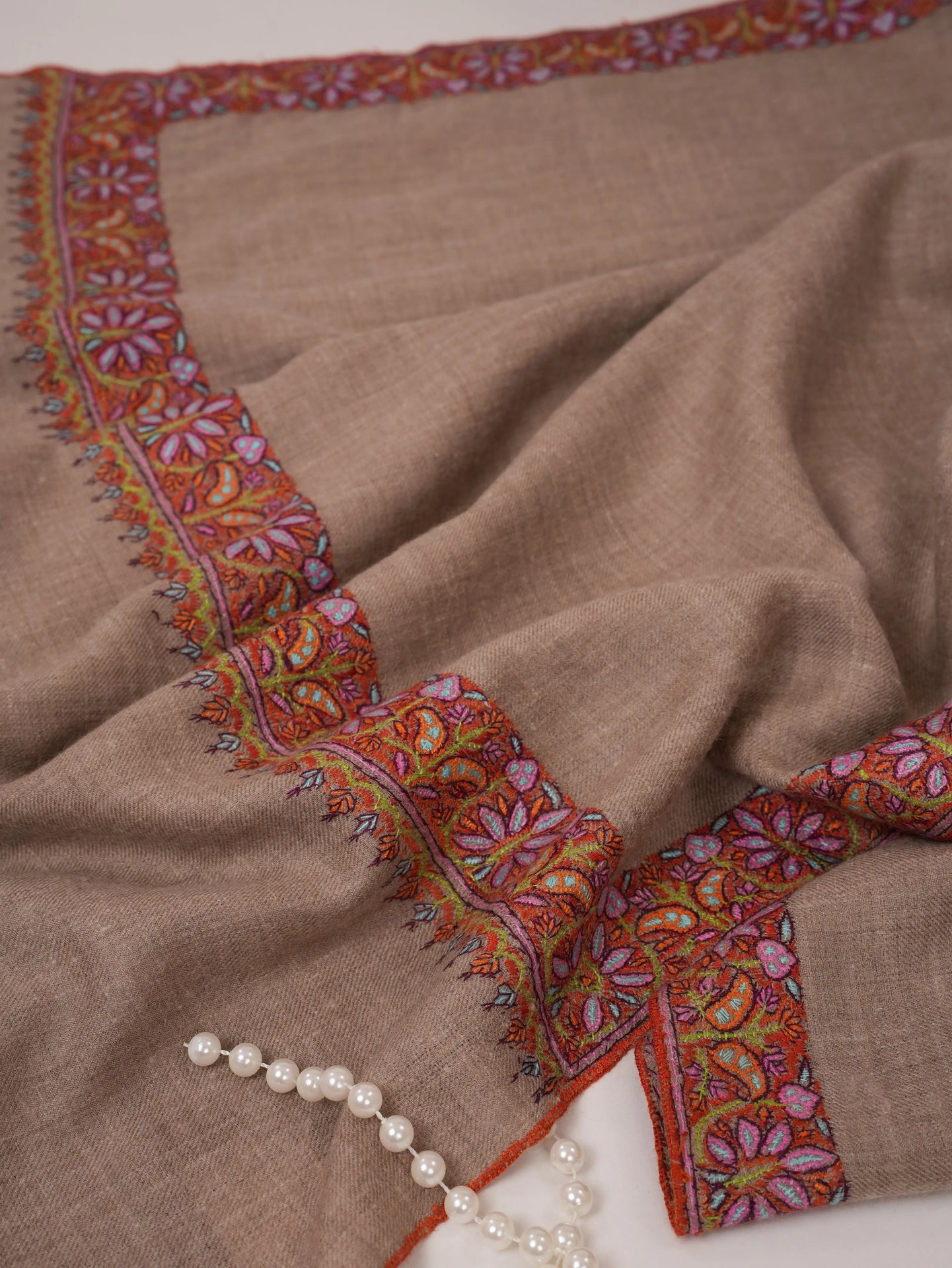 Natural Grey Pure Pashmina Shawl with Classic Neemdaur Hand Embroidery Shahkaar.com