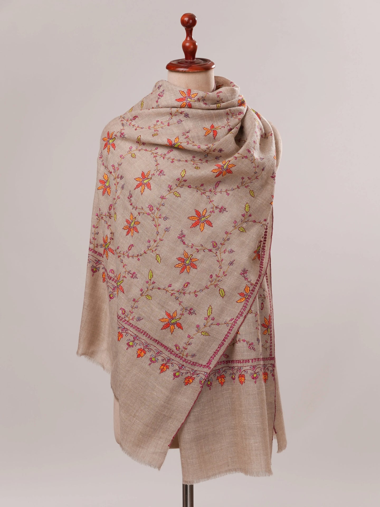 Natural Grey Cashmere Scarf with Floral Jali Hand Embroidery Shahkaar.com