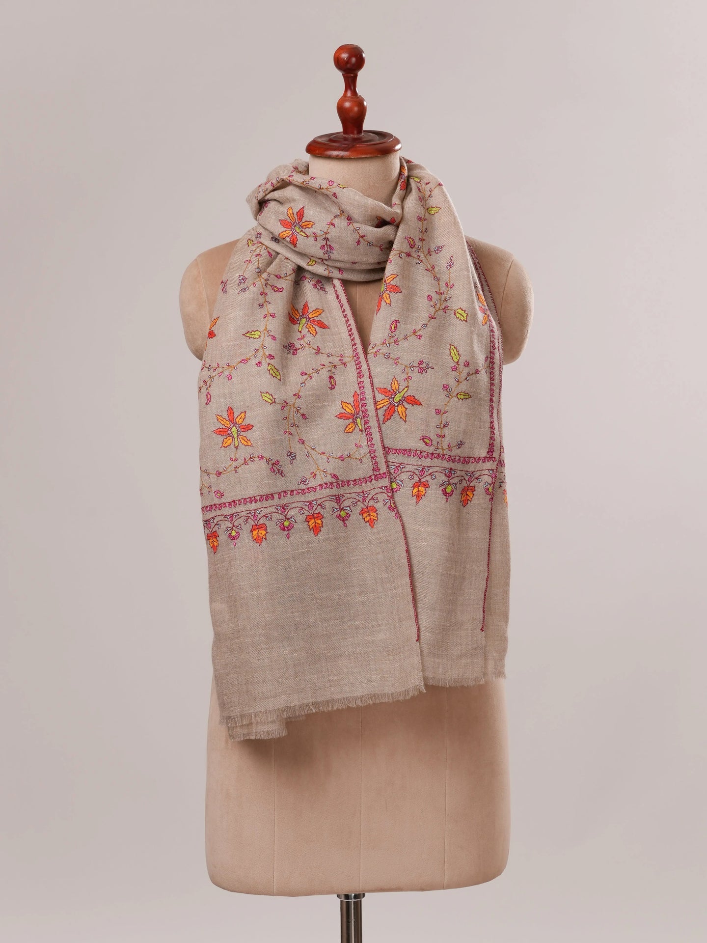 Natural Grey Cashmere Scarf with Floral Jali Hand Embroidery Shahkaar.com