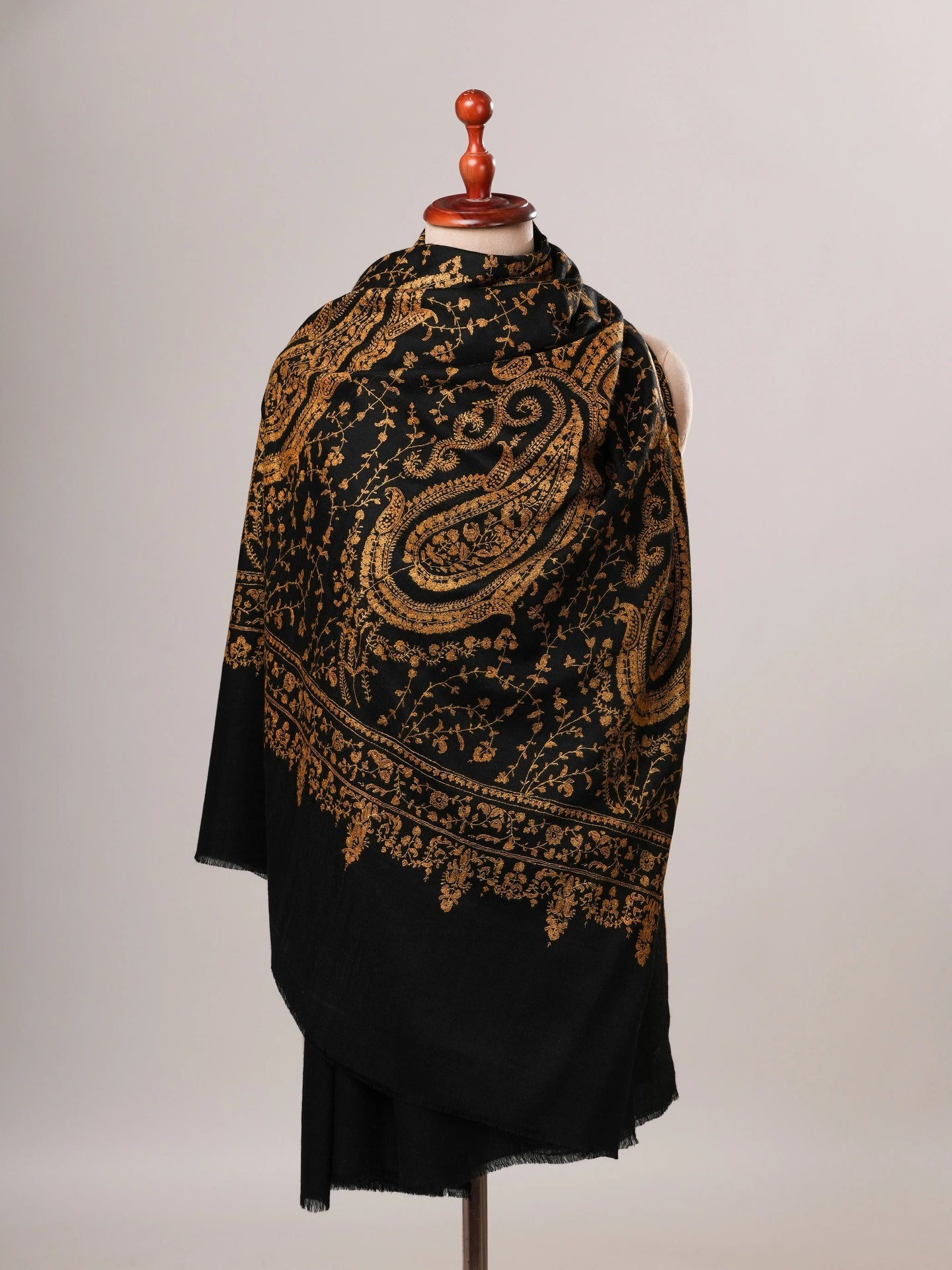 Black Pure Pashmina Shawl with Gold Fine Hand Embroidery Shahkaar Global