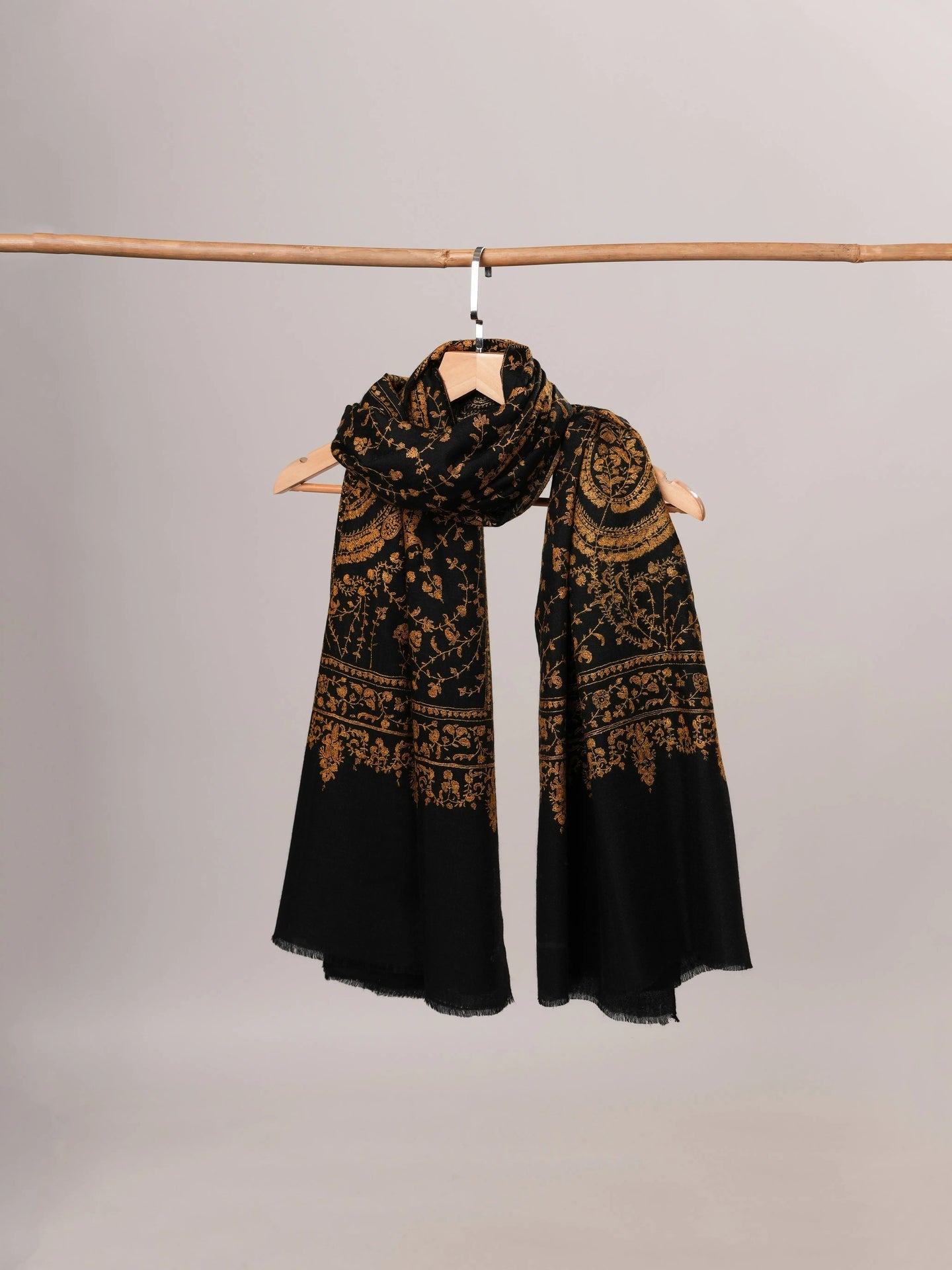 Black Pure Pashmina Shawl with Gold Fine Hand Embroidery Shahkaar Global