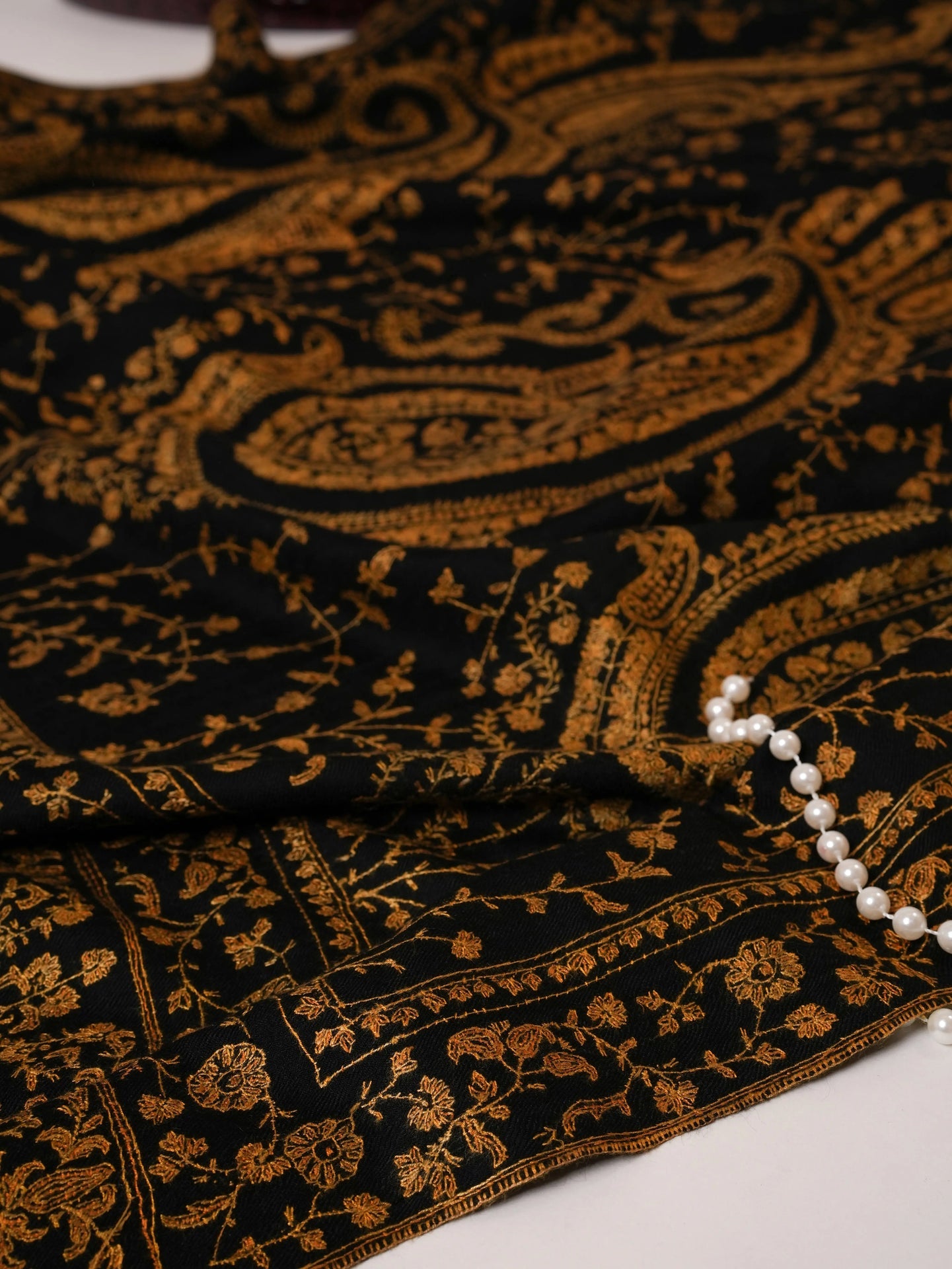 Black Pure Pashmina Shawl with Gold Fine Hand Embroidery Shahkaar Global