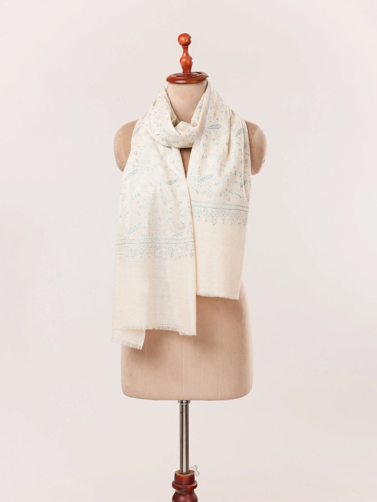 Natural White Kashmiri Handwoven Cashmere Scarf with Jali Sozni Embroidery Shahkaar.com