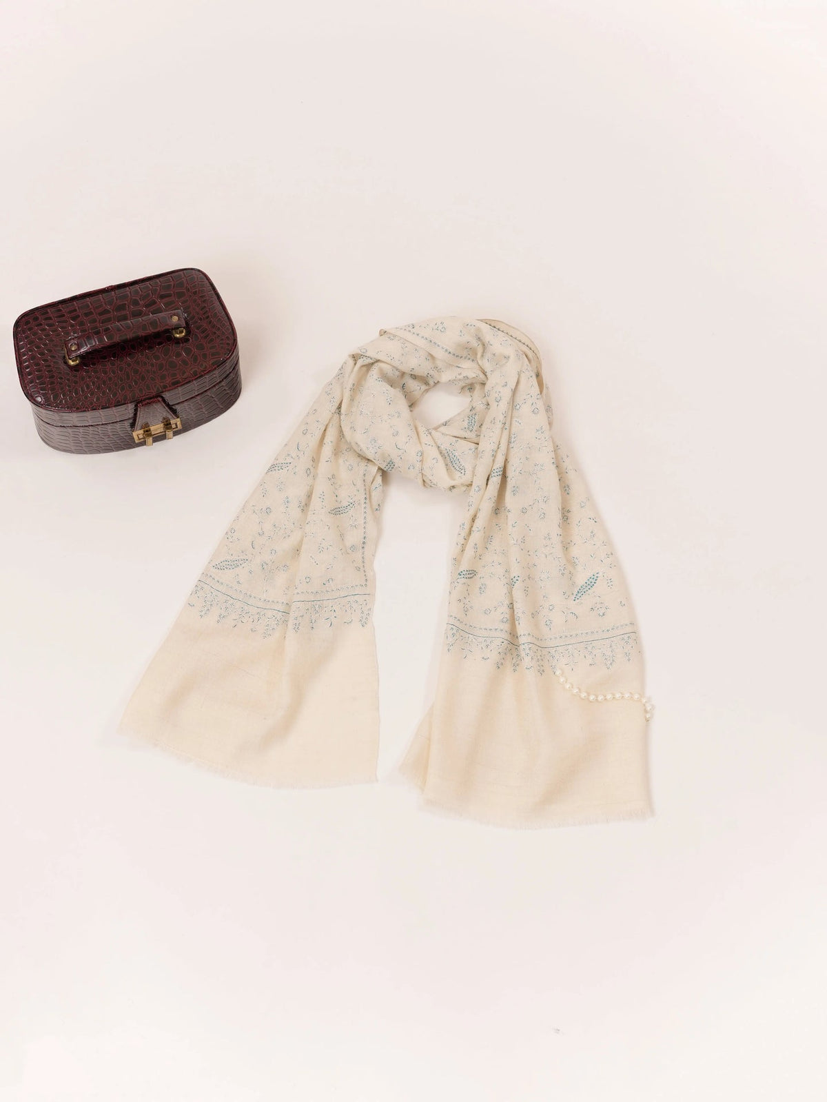 Natural White Kashmiri Handwoven Cashmere Scarf with Jali Sozni Embroidery Shahkaar.com
