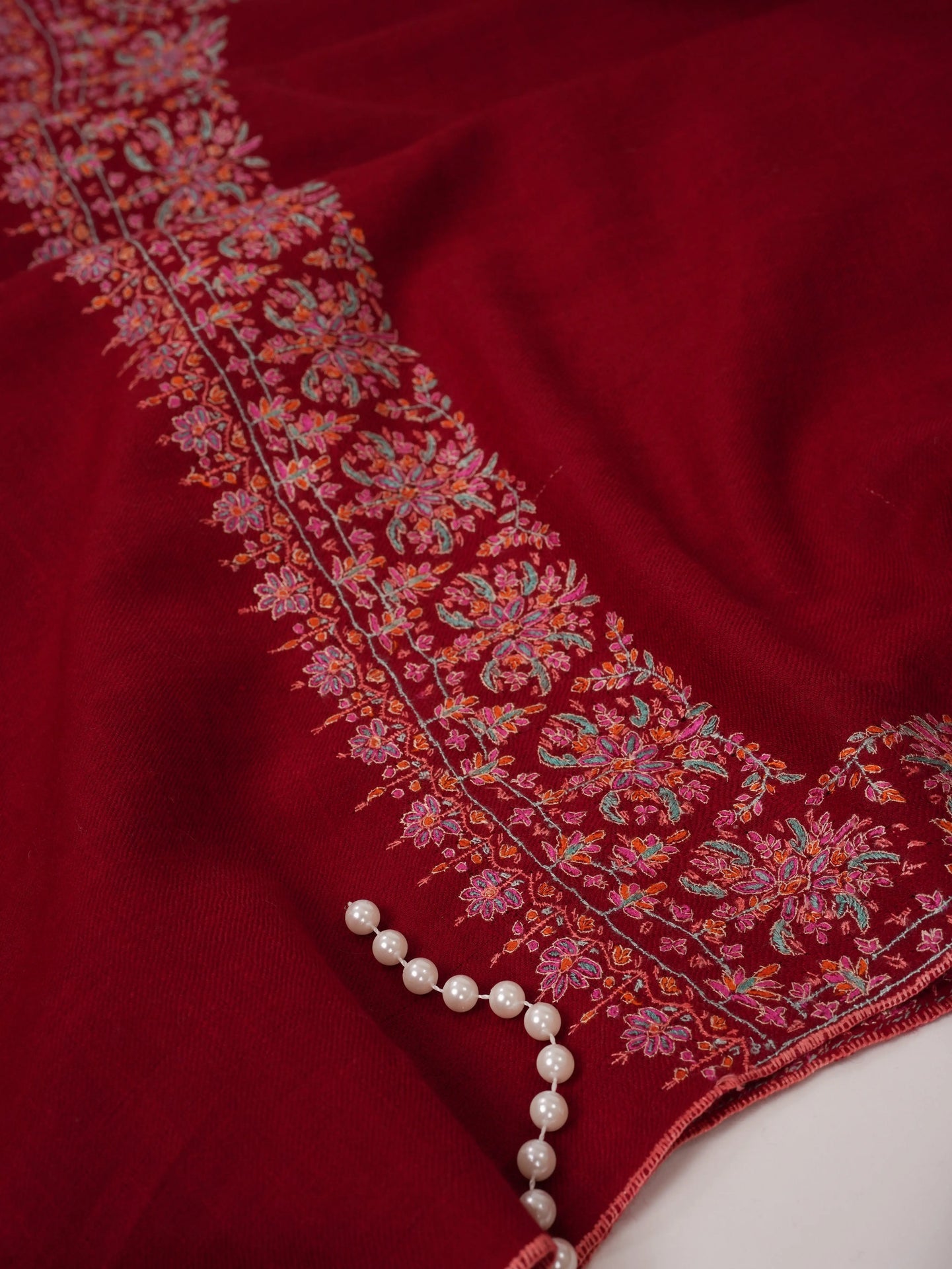 Red Neemdaur Hand Embroidered Pure Pashmina Shahkaar Shawl Shahkaar.com