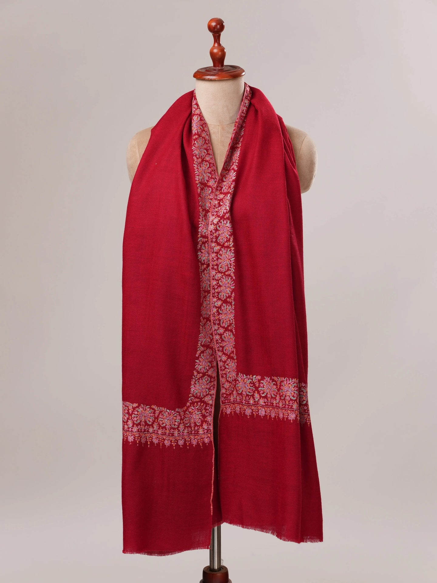 Red Neemdaur Hand Embroidered Pure Pashmina Shahkaar Shawl Shahkaar.com
