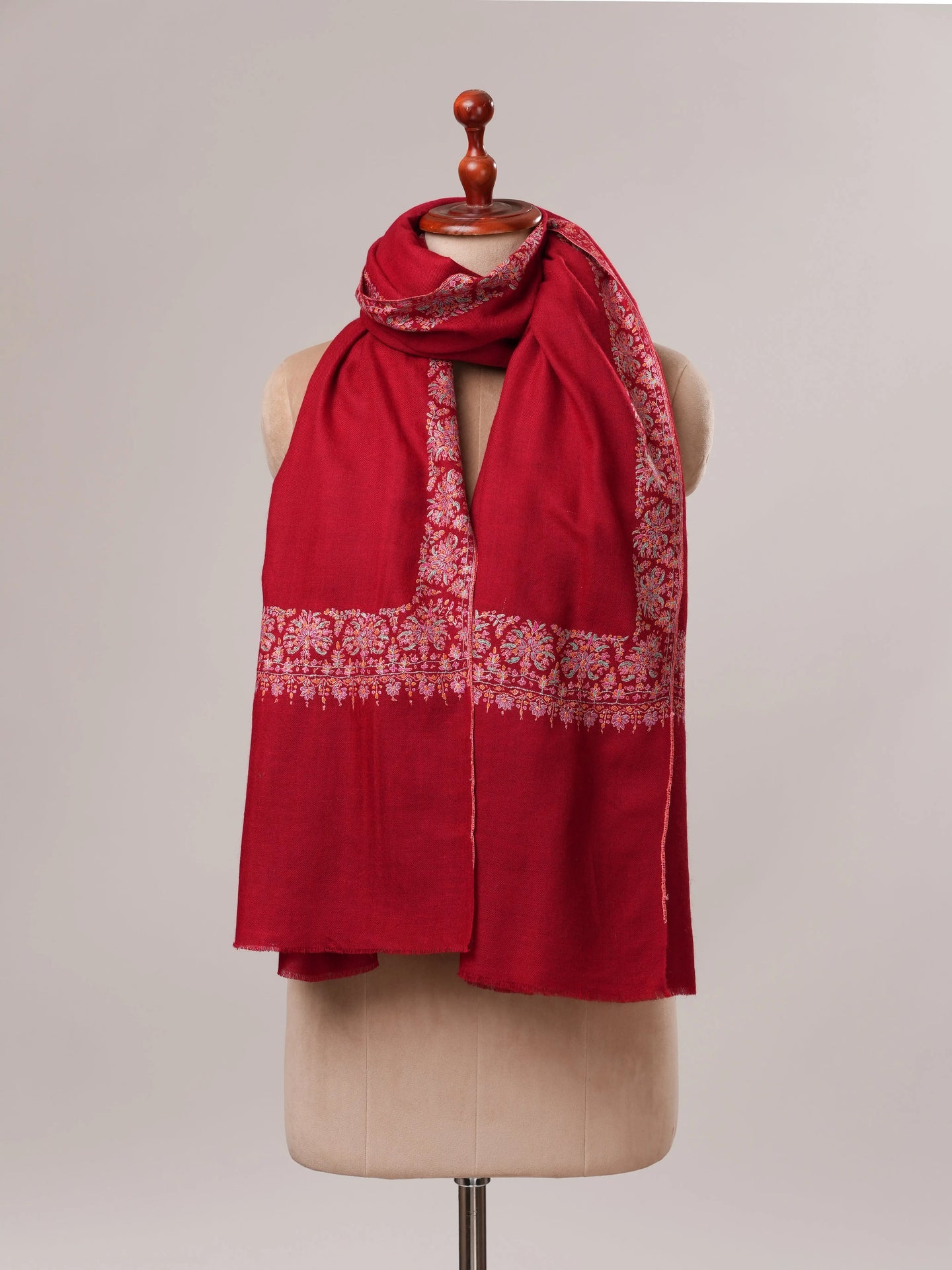Red Neemdaur Hand Embroidered Pure Pashmina Shahkaar Shawl Shahkaar.com