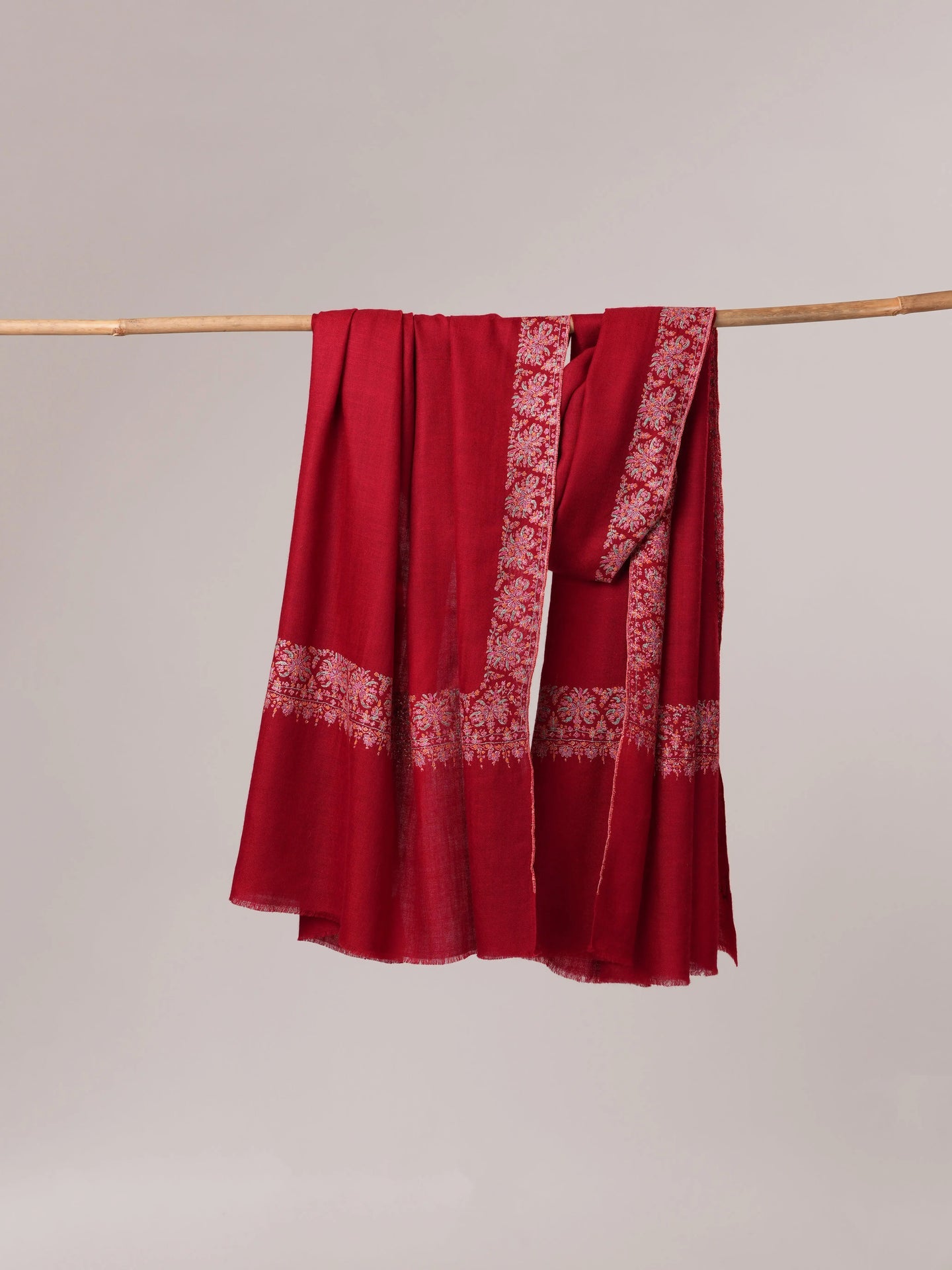 Red Neemdaur Hand Embroidered Pure Pashmina Shahkaar Shawl Shahkaar.com