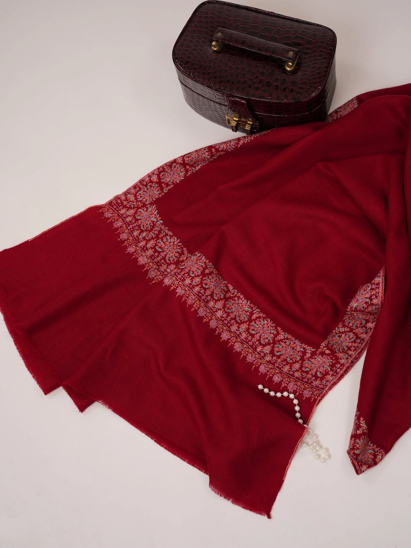 Red Neemdaur Hand Embroidered Pure Pashmina Shahkaar Shawl Shahkaar.com