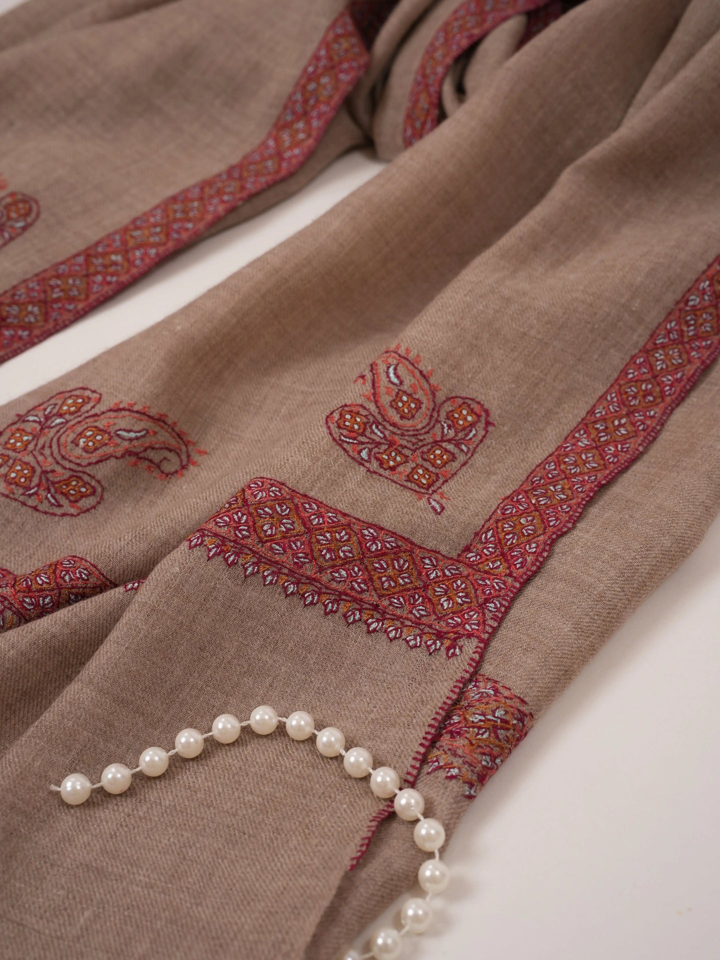 Natural Taupe Featherlight Cashmere Scarf with Hashia Hand Embroidery Shahkaar.com