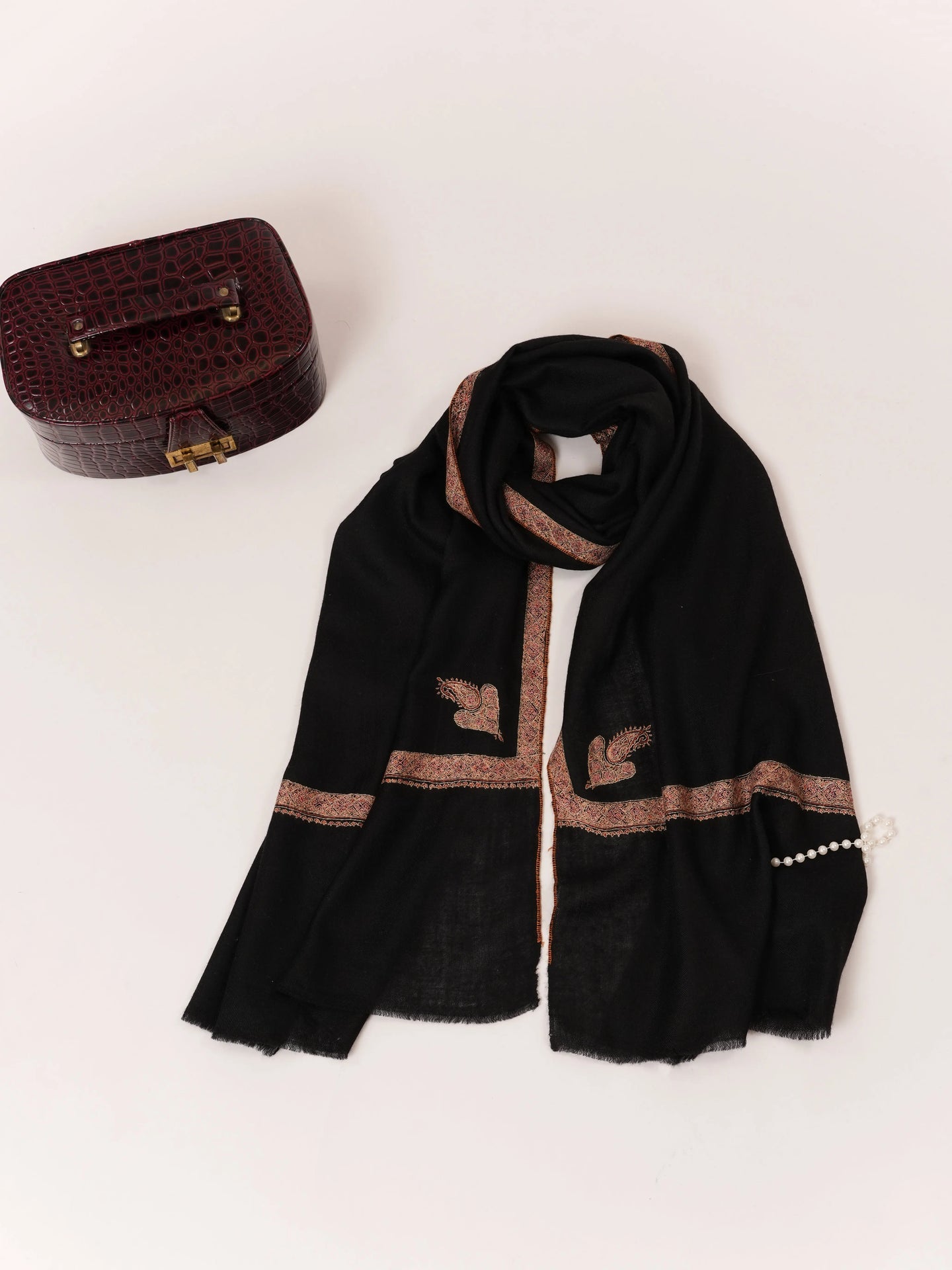 Black Cashmere Scarf with Hashia Hand Embroidery Shahkaar.com